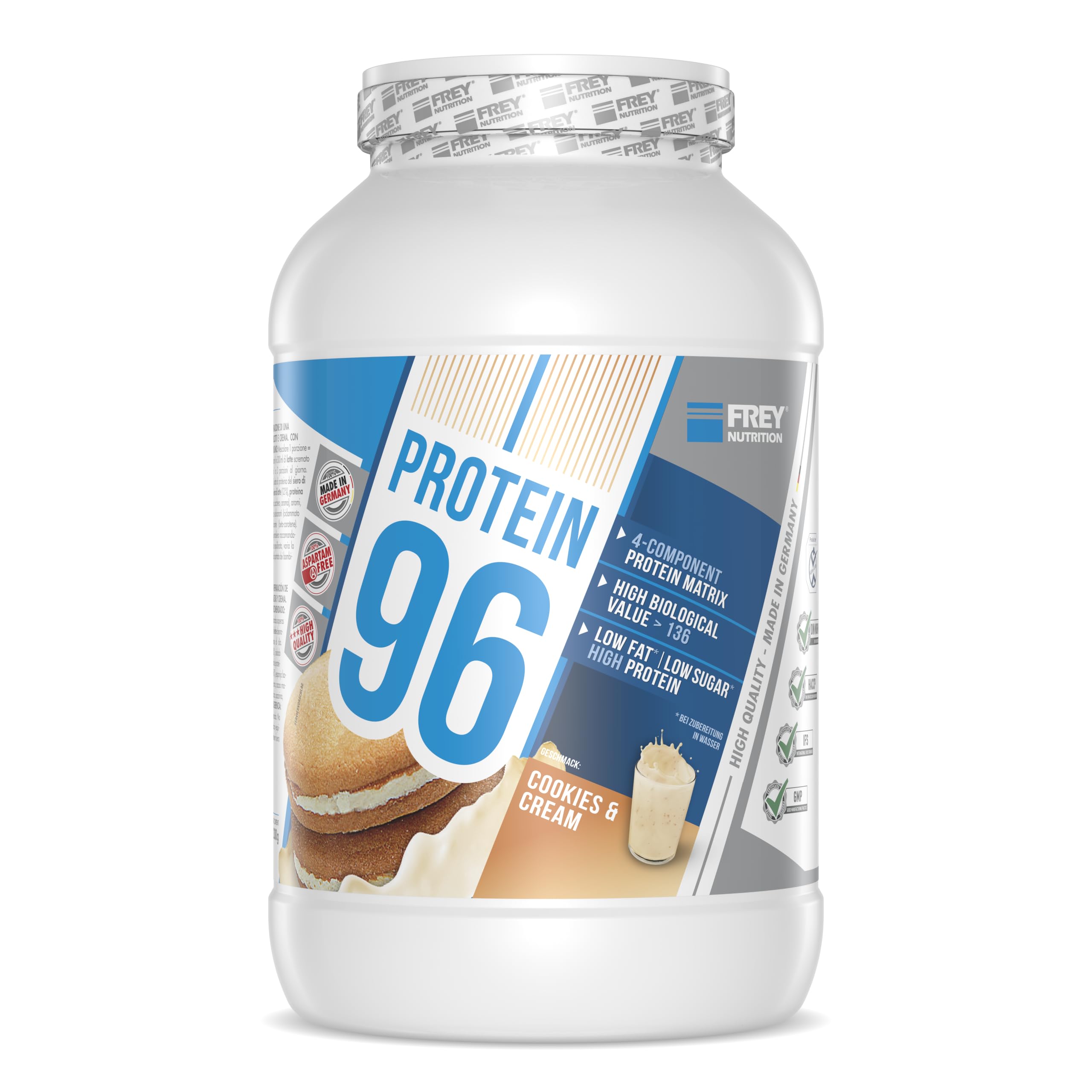 Frey Nutrition Protein 96 Cookies and Cream Powder - 2.3kg (5.07lb) Whey Protein Supplement for Muscle Growth & Recovery - Perfect for Post-Workout Shakes, Smoothies, and Baking