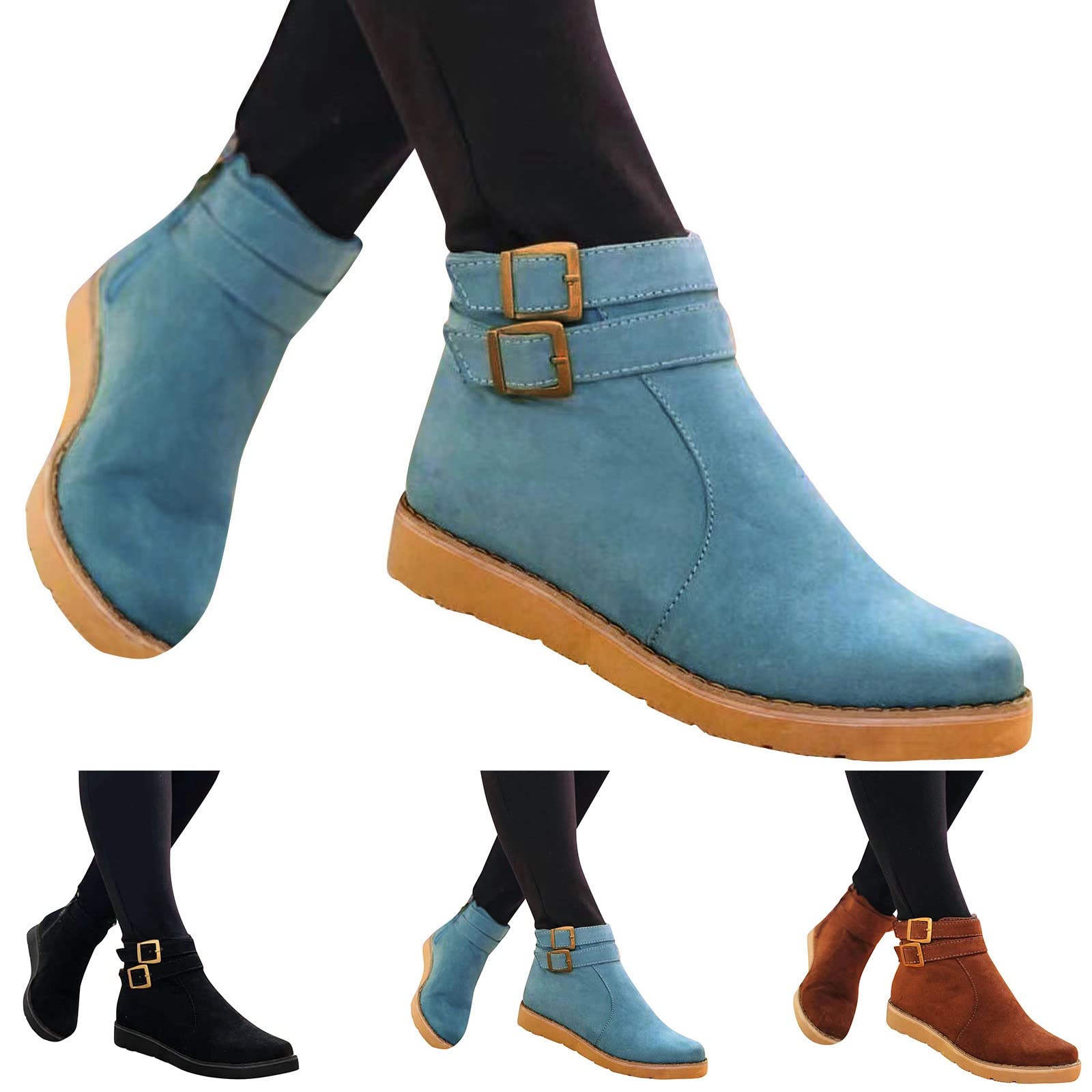 Women's Western Ankle Boots with Metal Buckle - Fleece Lined Cowgirl Booties for Fall - Lightweight Suede Fashion Boots for Walking, Riding & Country Style Outfits