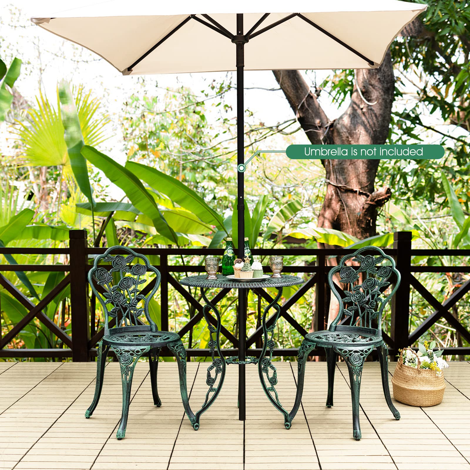Rust-Resistant 3-Piece Outdoor Bistro Set - Cast Aluminum Patio Furniture with Elegant Rose Pattern & 1.9