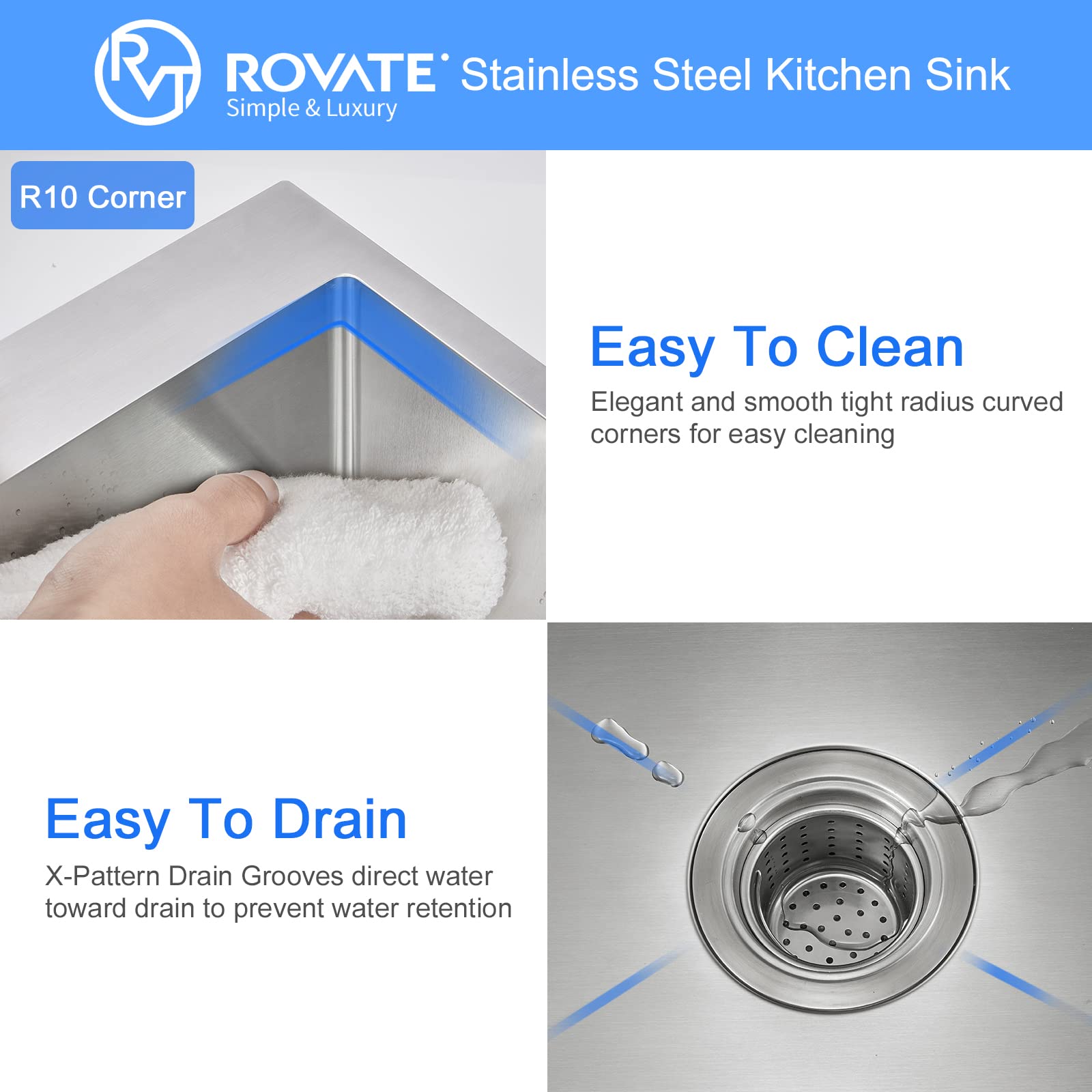 ROVATE 28×18 Inch Drop-in Kitchen Sink - Handmade 304 Stainless Steel Single Bowl Sink, 18 Gauge 9 Inch Deep Topmount with Basket Strainer - Perfect for Modern Farmhouse, Apartment & RV Kitchens