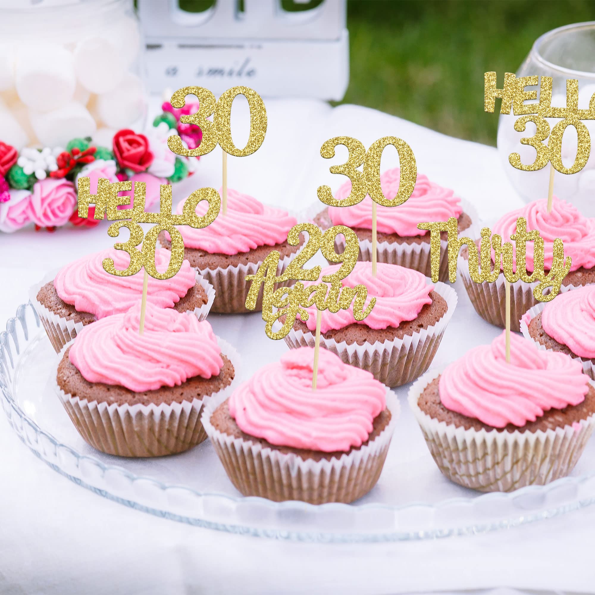 24Pcs Gold Glitter 30th Birthday Cupcake Toppers - Hello 30 Cake Decorations, Again 29 & Thirty Cupcake Picks for 30th Birthday Party, Anniversary, Milestone Celebration - Perfect for Cake Decorating Supplies & Dessert Table Displays