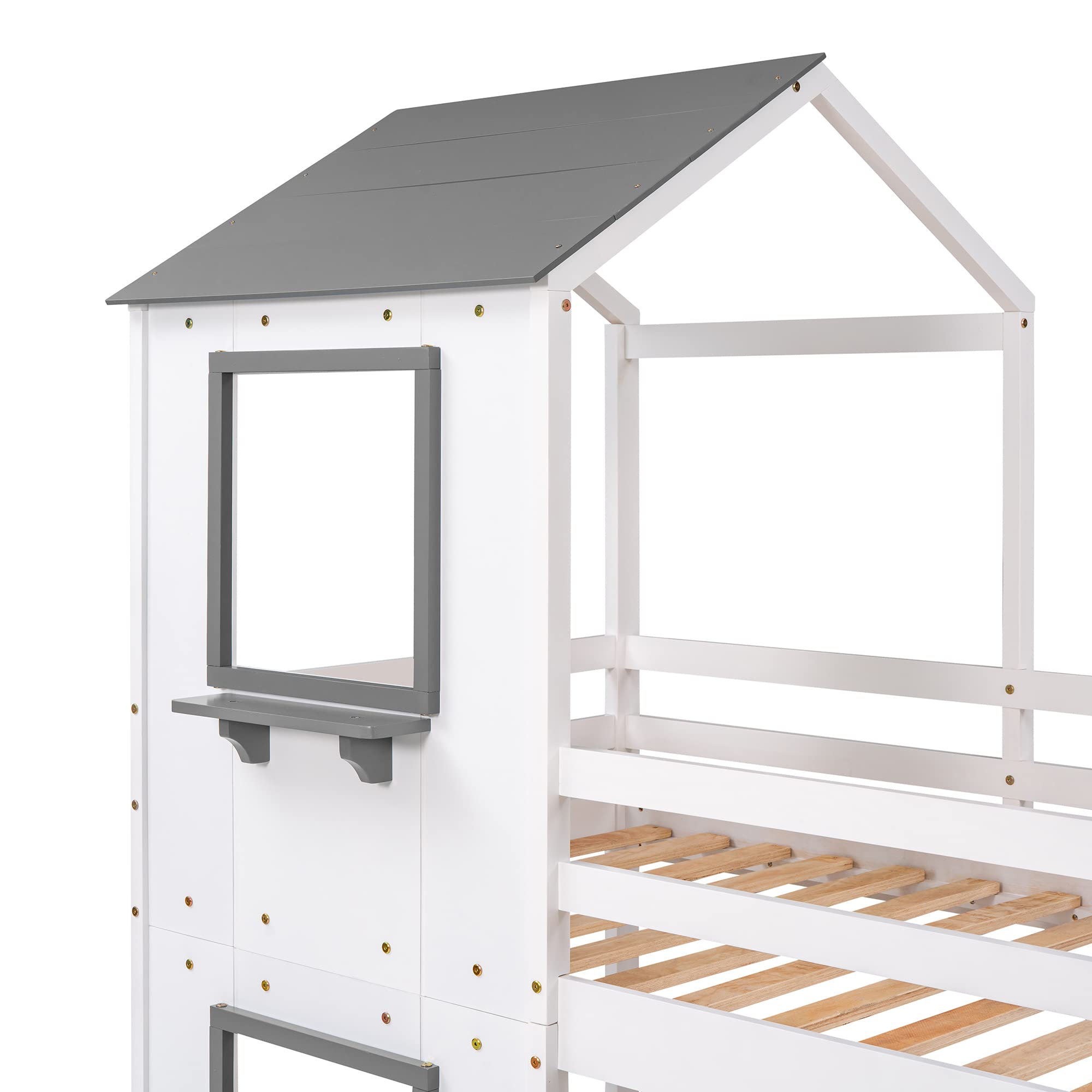 Kids Twin Over Twin Wooden Bunk Bed with Roof, Window & Guardrail - Sturdy Floor Bunk Bed Frame with Ladder, No Box Spring Needed (White & Gray) - Perfect for Small Bedrooms, Shared Kids Rooms & Space-Saving Sleep Solutions