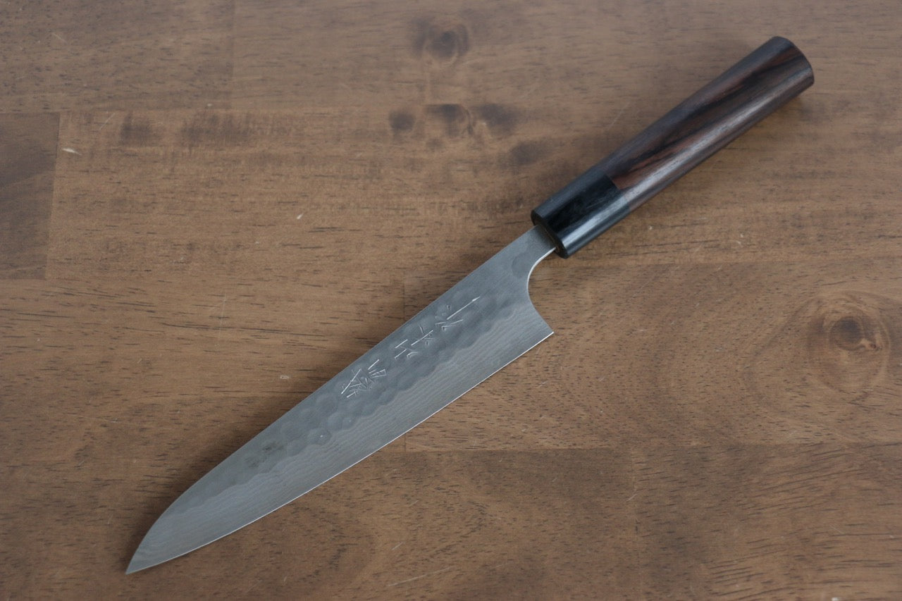 Premium Nao Yamamoto SRS13 Damascus Hammered Petty Knife 160mm - Handcrafted Japanese Utility Knife with Shitan Wood Handle - Perfect for Slicing, Chopping & Precision Kitchen Tasks