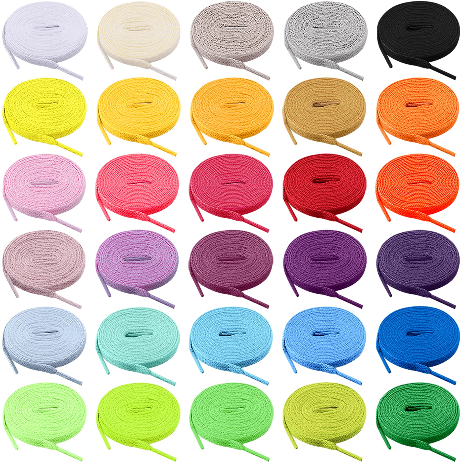FEQO 30 Pairs Colorful Flat Shoelaces for Sneakers, Boots & Skate Shoes - 30 Vibrant Colors - Perfect for Sports, Fashion & DIY Customization
