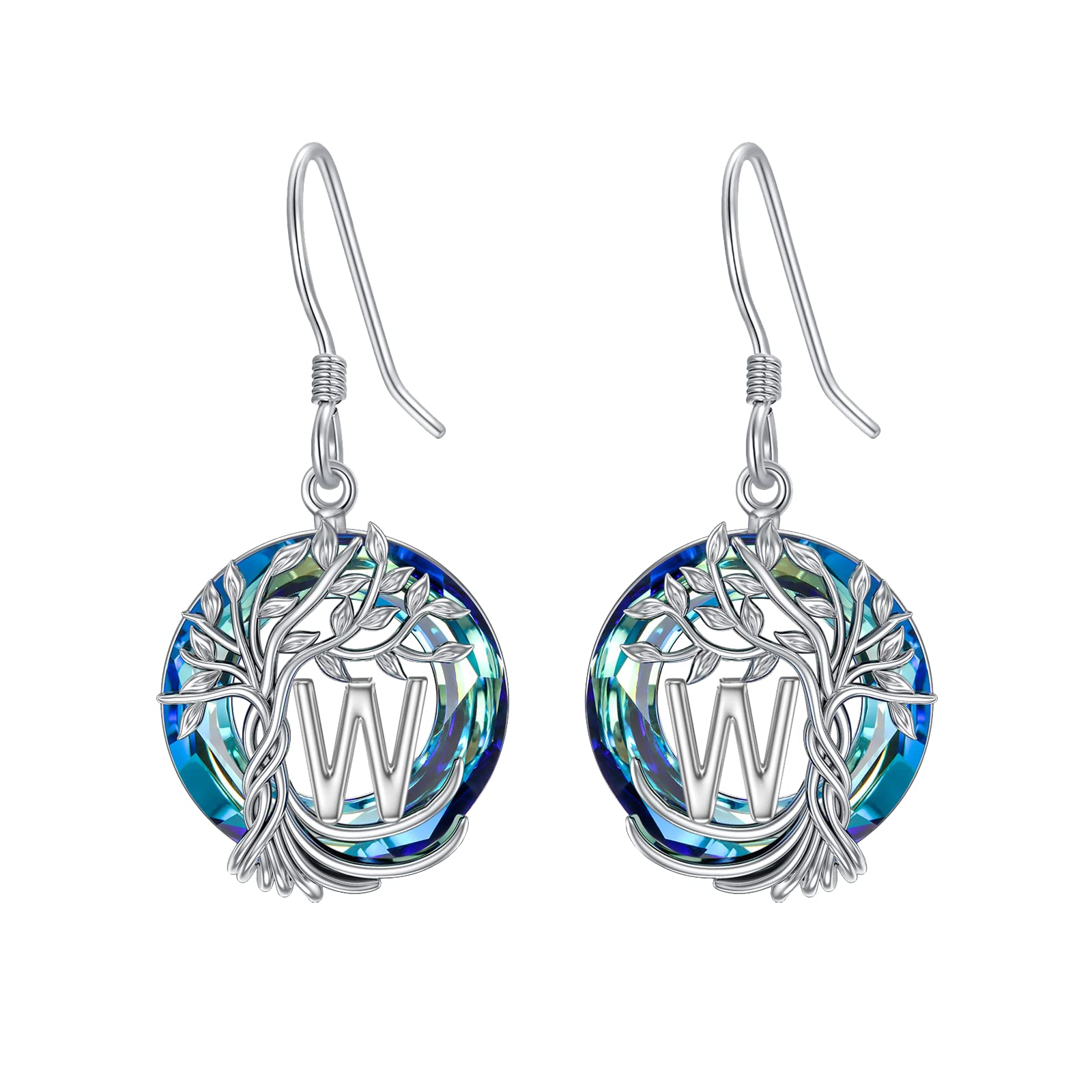 TOUPOP Sterling Silver Tree of Life Initial Earrings with Blue Crystal - Personalized A-Z Letter Drop Dangle Earrings for Women | Valentine's Day, Anniversary & Birthday Gift for Her, Girlfriend or Mom | Perfect for Date Nights, Weddings & Special Occasions