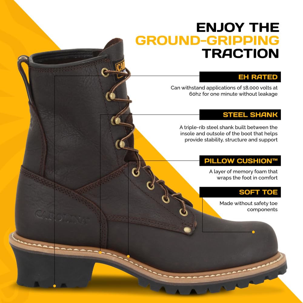 Men's Carolina Elm 8-Inch Unlined Logger Work Boots - Genuine Leather Upper, Comfort Pillow Cushion Footbed, Oil & Slip Resistant Welted Outsole, EH Rated - Perfect for Construction, Logging & Outdoor Work