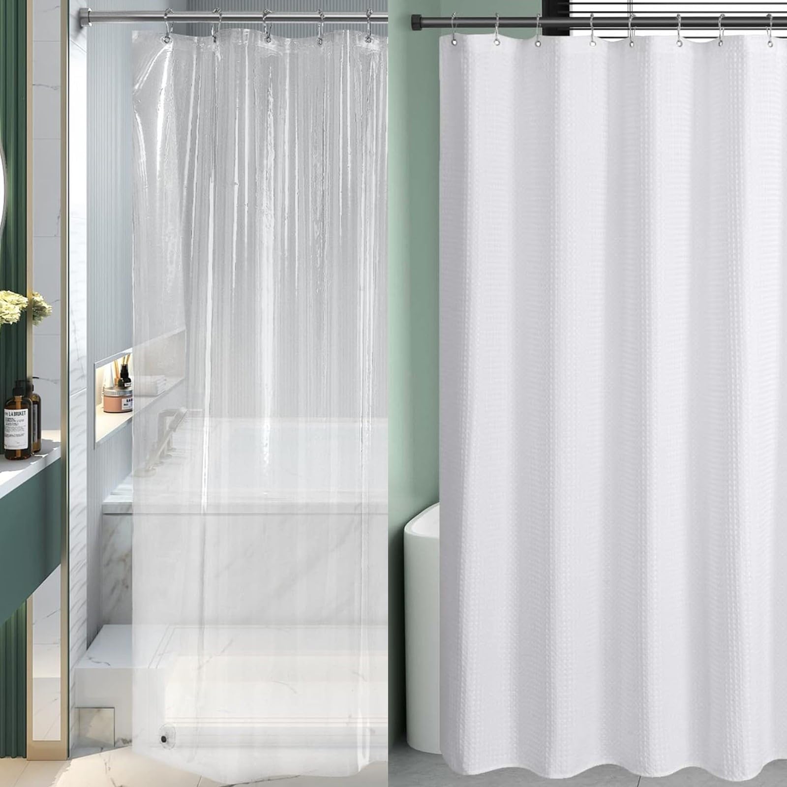 AmazerBath Waterproof Clear Shower Curtain Liner & Heavy Duty White Waffle Shower Curtain Set - 72x72 Inches for Bathroom, Hotel, and Dorm Use