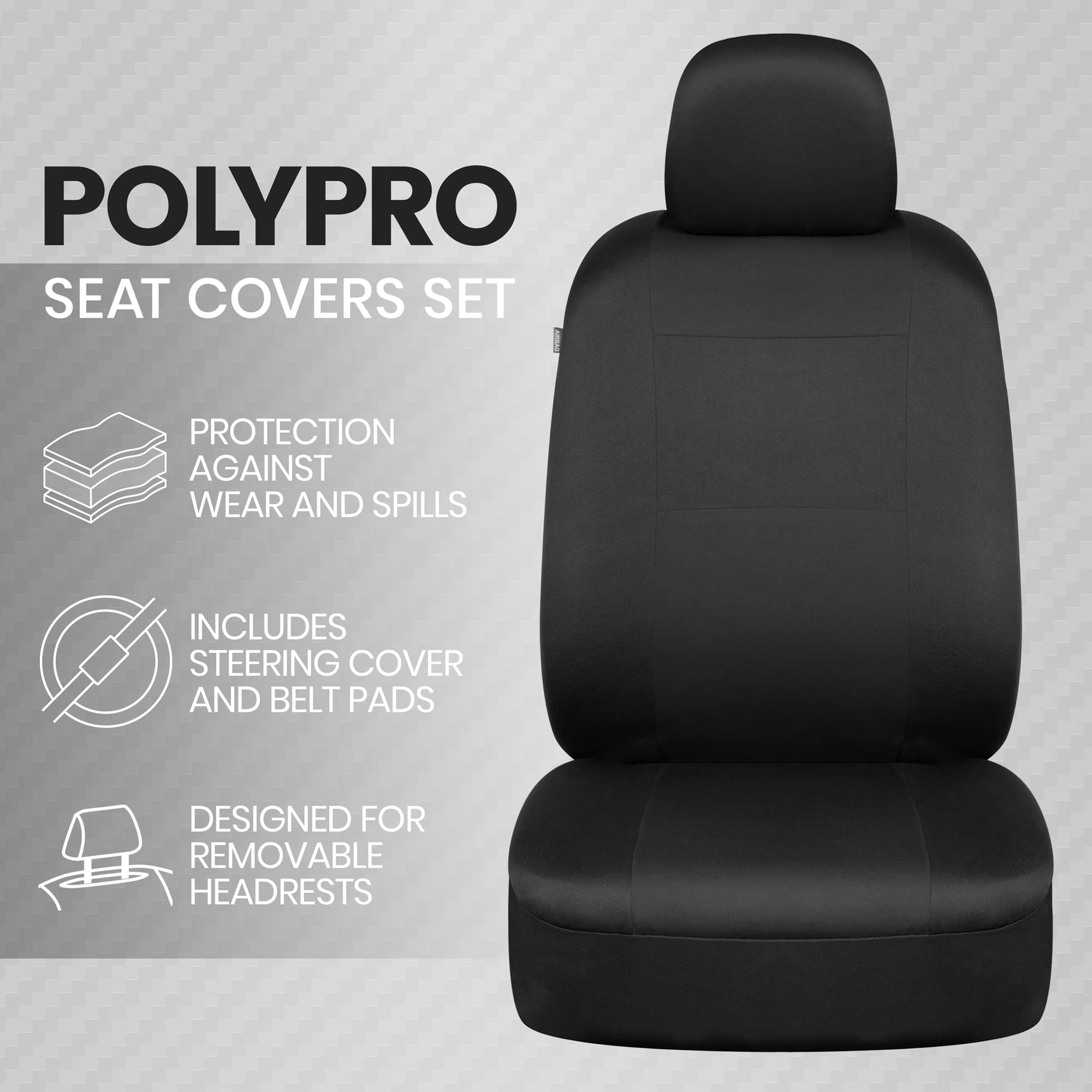 BDK PolyPro Full Set Car Seat Covers in Solid Black with Steering Wheel Cover & Seat Belt Pads - Universal Fit for Front & Rear Split Bench Seats | Easy Installation | Compatible with Cars, Trucks, Vans & SUVs | Perfect for Daily Commuting, Road Trips & Protecting Your Vehicle Interior