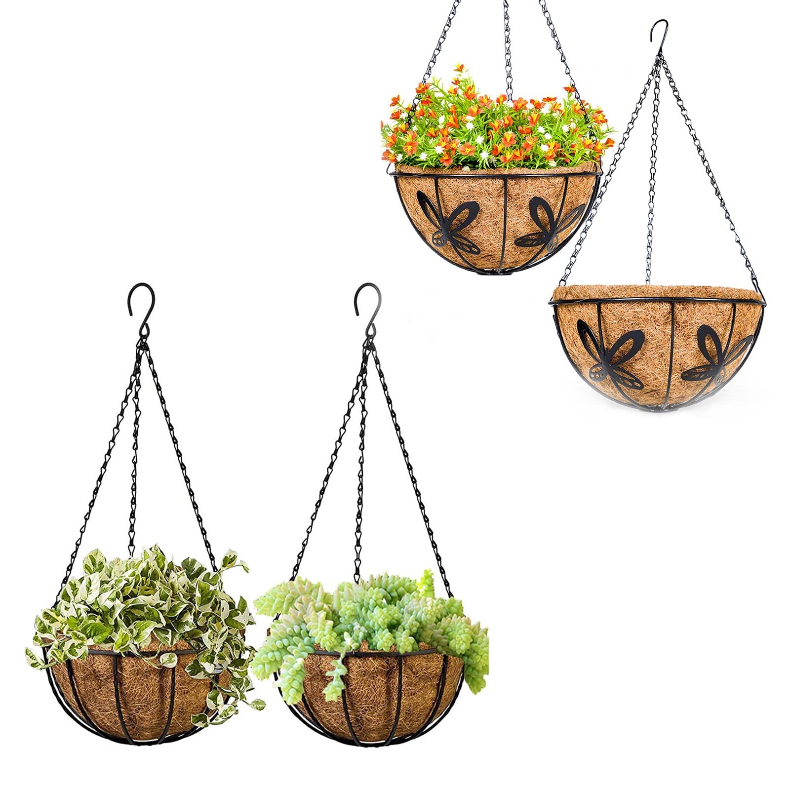 10 Inch Metal Hanging Flower Basket with Coconut Liner - Round Wire Butterfly Pattern Plant Holder with Chain for Outdoor, Patio, Lawn & Garden Decor - Perfect for Hanging Plants, Herbs & Flowers in Backyards, Balconies & Porches