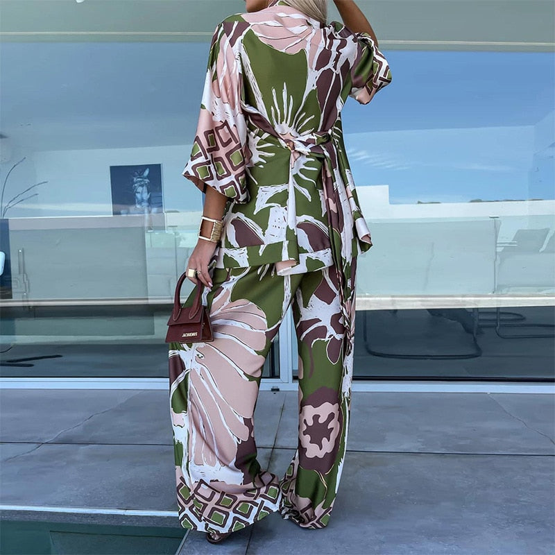 Bohemian Print Loose Beach Set - Women's Wide Leg Pants & Quarter Sleeve Cardigan Outfit for Spring & Fall | Casual Fashion, Beachwear, Vacation Style