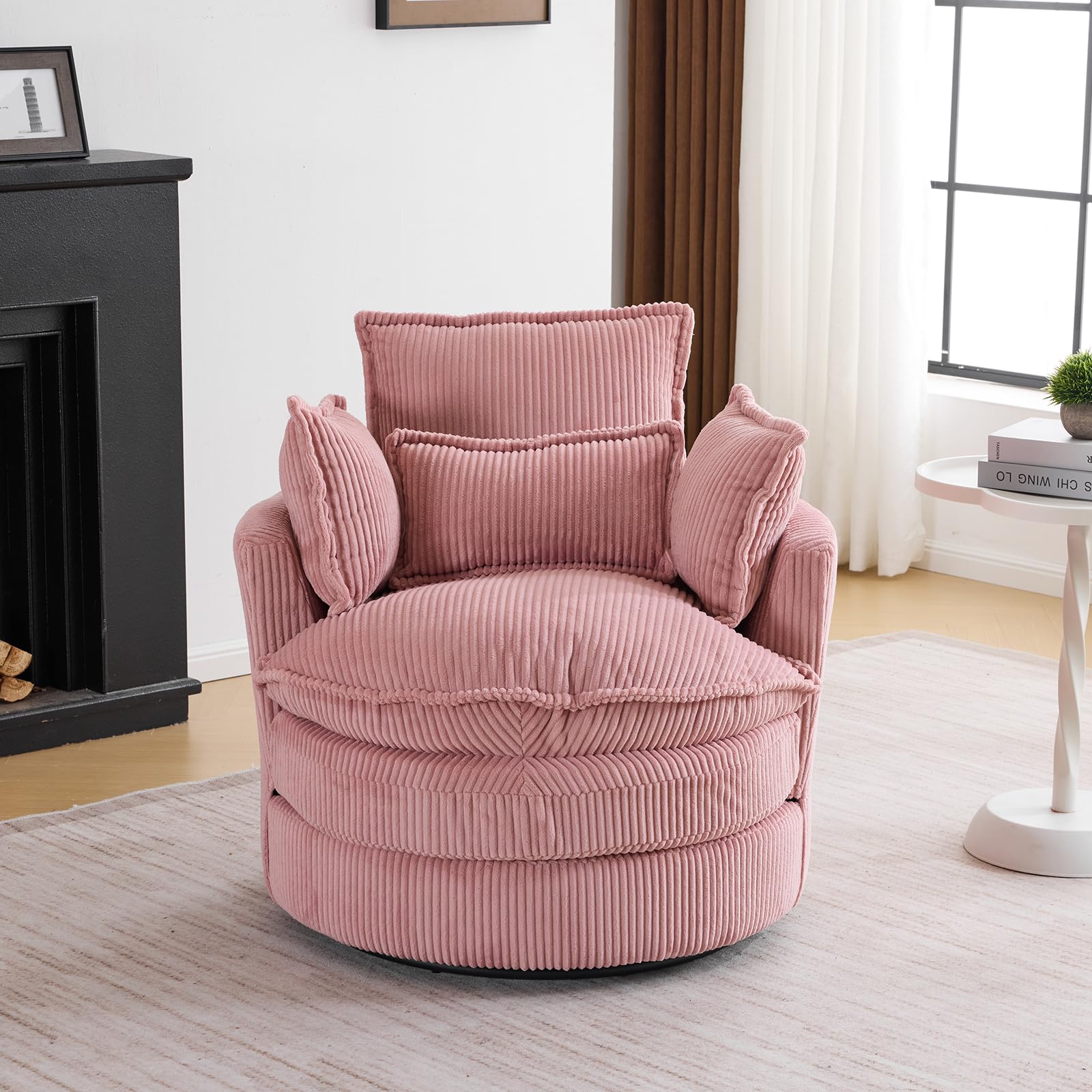 Karl Home 360-Degree Swivel Barrel Chair - Modern Corduroy Lounge Armchair with 3 Pillows, Comfortable Round Accent Sofa for Living Room, Bedroom, Hotel | Perfect for Small Spaces, Reading Nooks & Cozy Corners (Pink)