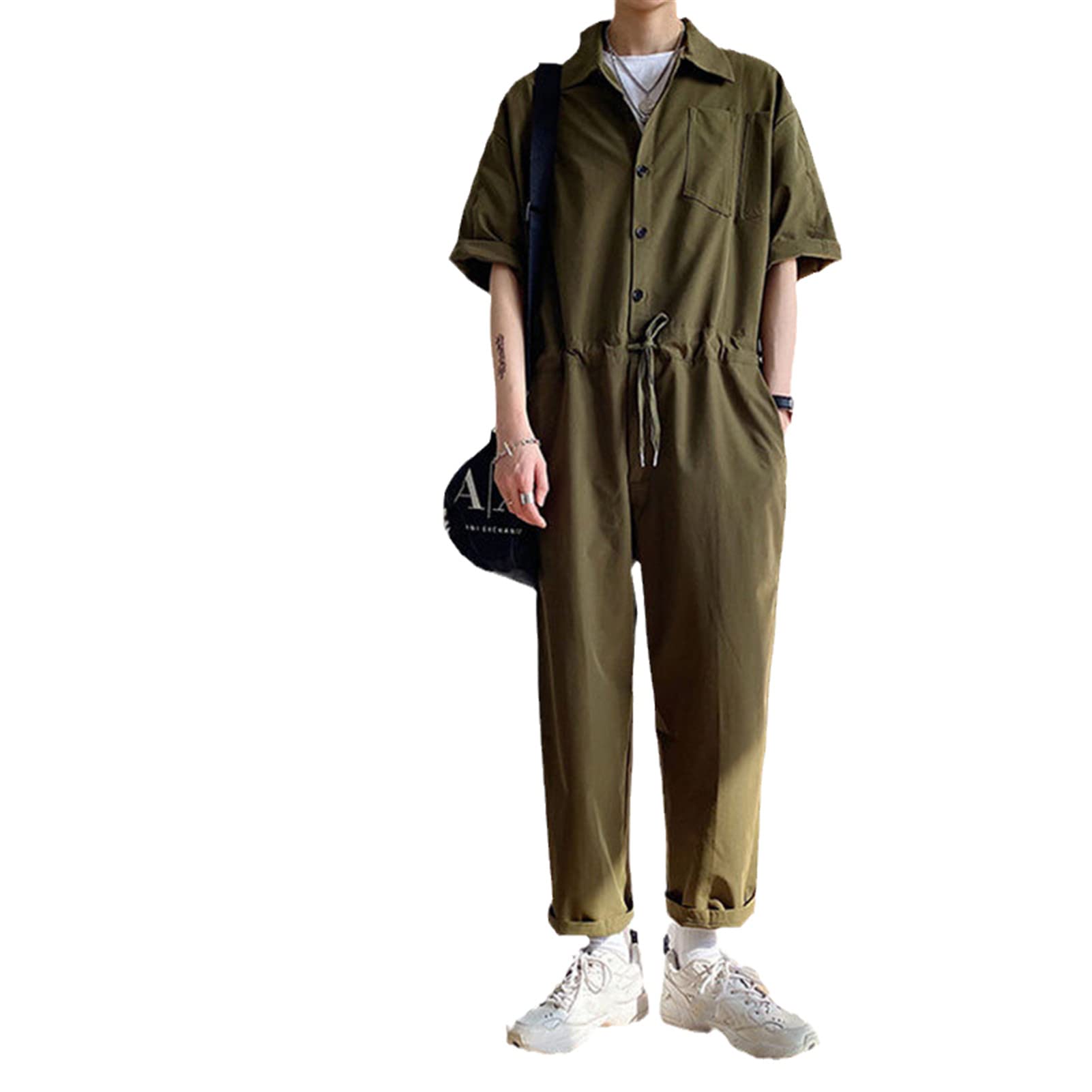 Men's Summer Casual Overalls Jumpsuits - Retro Cargo Pants with Nine-Pocket Design, Loose Fit Solid Color Unisex Outfit for Streetwear & Outdoor Activities