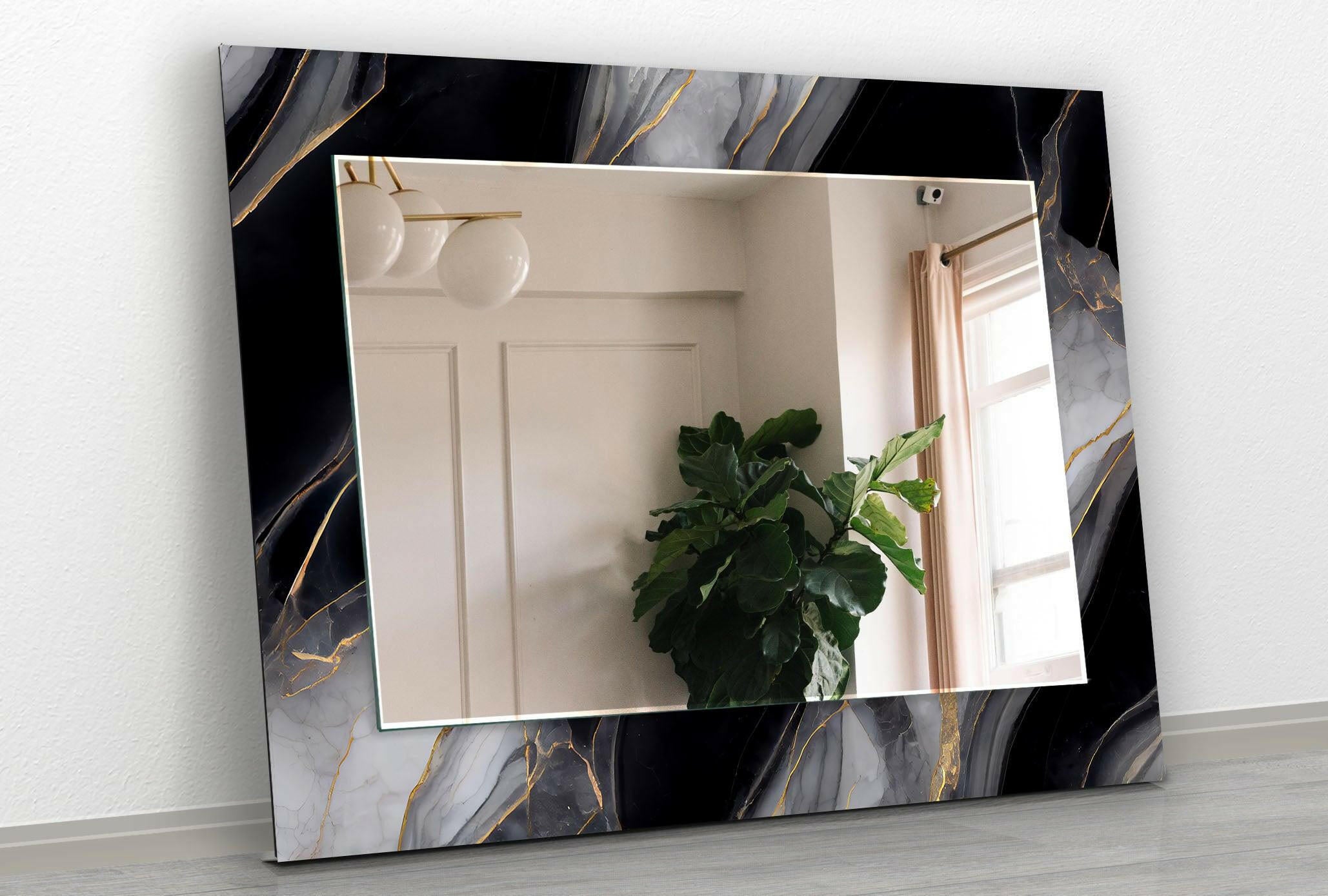 Stylish Black and Gray Marble Wall Mirror - Modern Home Decor for Living Room, Bedroom & Bathroom | Elegant Full-Length Mirror with Durable Frame for Vanity, Entryway & Dressing Area