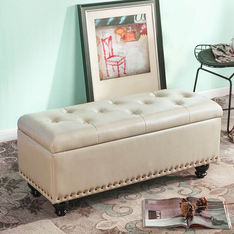 Water Resistant Stitch Tufted Upholstered Storage Ottoman with Nailhead Trim - Green/Peony/Butter Color, Modern Style with Legs - Perfect for Living Room, Bedroom & Home Office Organization