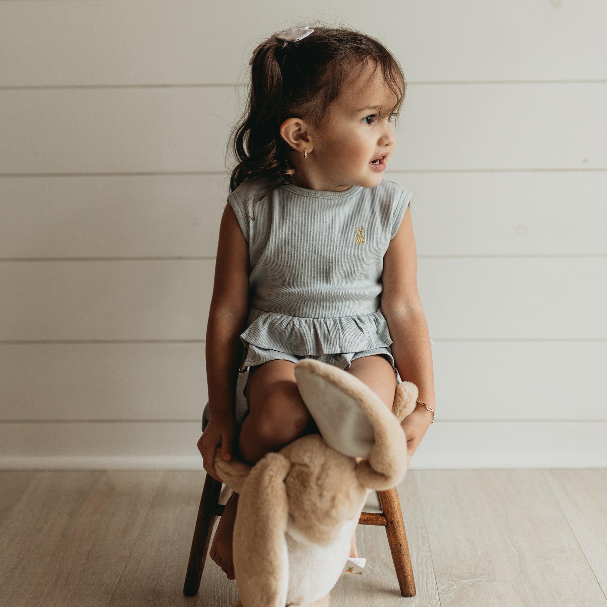 Organic Cotton Ruffle Waist Romper for Baby Girls - Pearl Blue | Soft & Comfortable One-Piece Outfit | Perfect for Playtime, Photo Shoots & Special Occasions