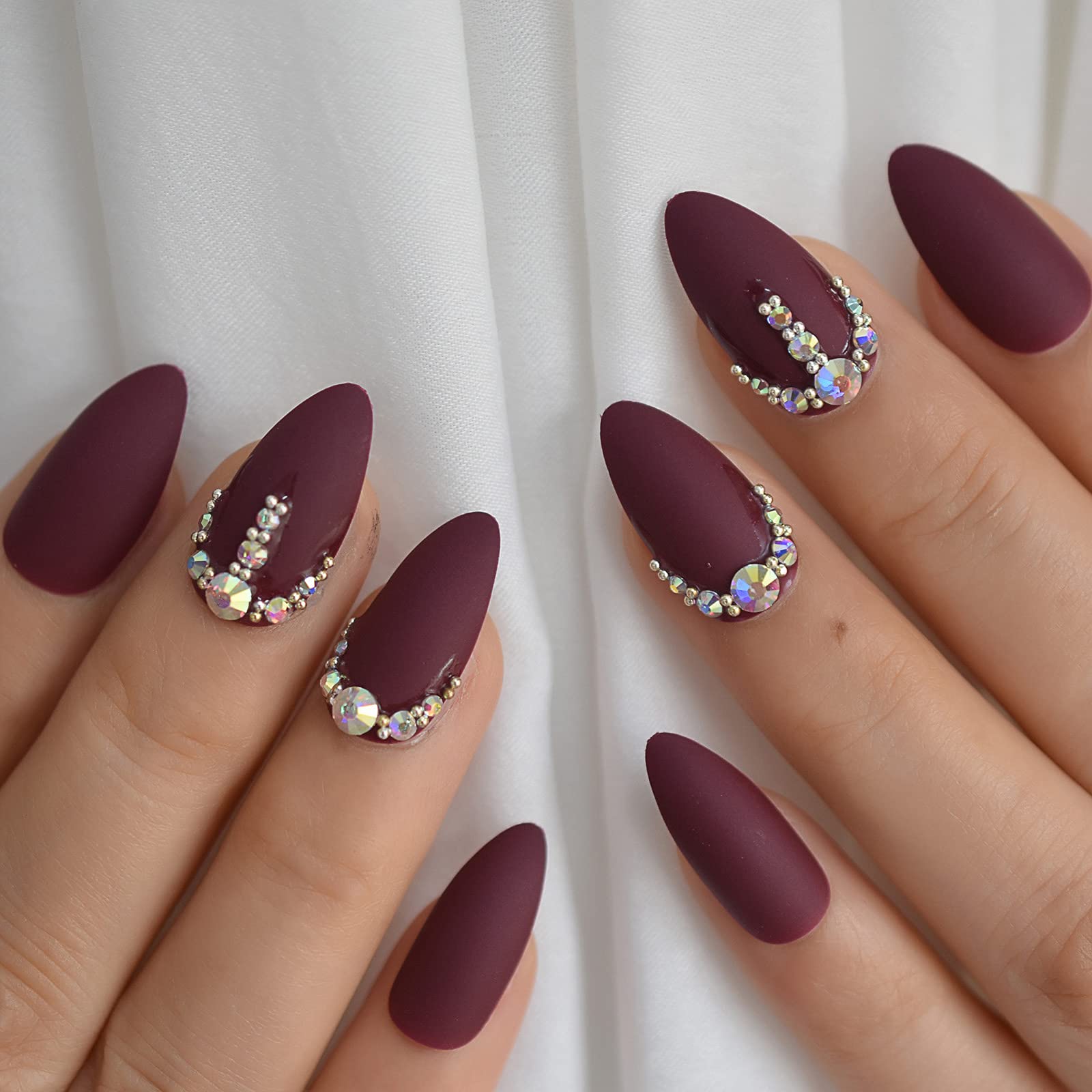 Short Fake Nails Set With Rhinestones - Frosted Almond Press On Nails | Stiletto Artificial False Nail Tips with Diamond Jewelry Design | Perfect for Parties, Weddings & Special Occasions