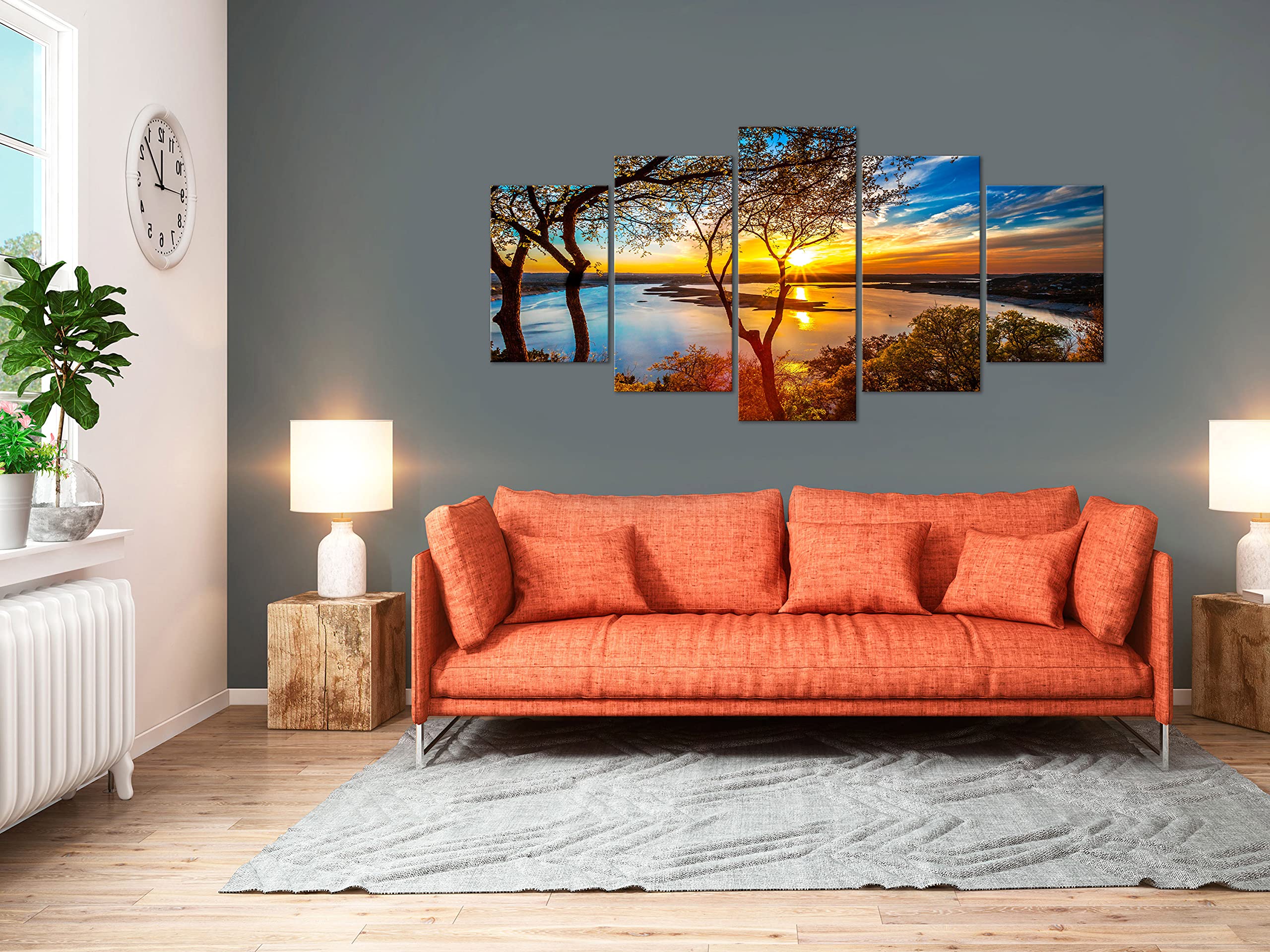 Artgeist Acoustic Canvas Wall Art - 80x40 Inch Soundproof Landscape Painting Set of 5 with Acoustic Foam - Nature Sunset Panorama Print for Home & Office Decor - Perfect for Living Room, Bedroom & Studio Soundproofing