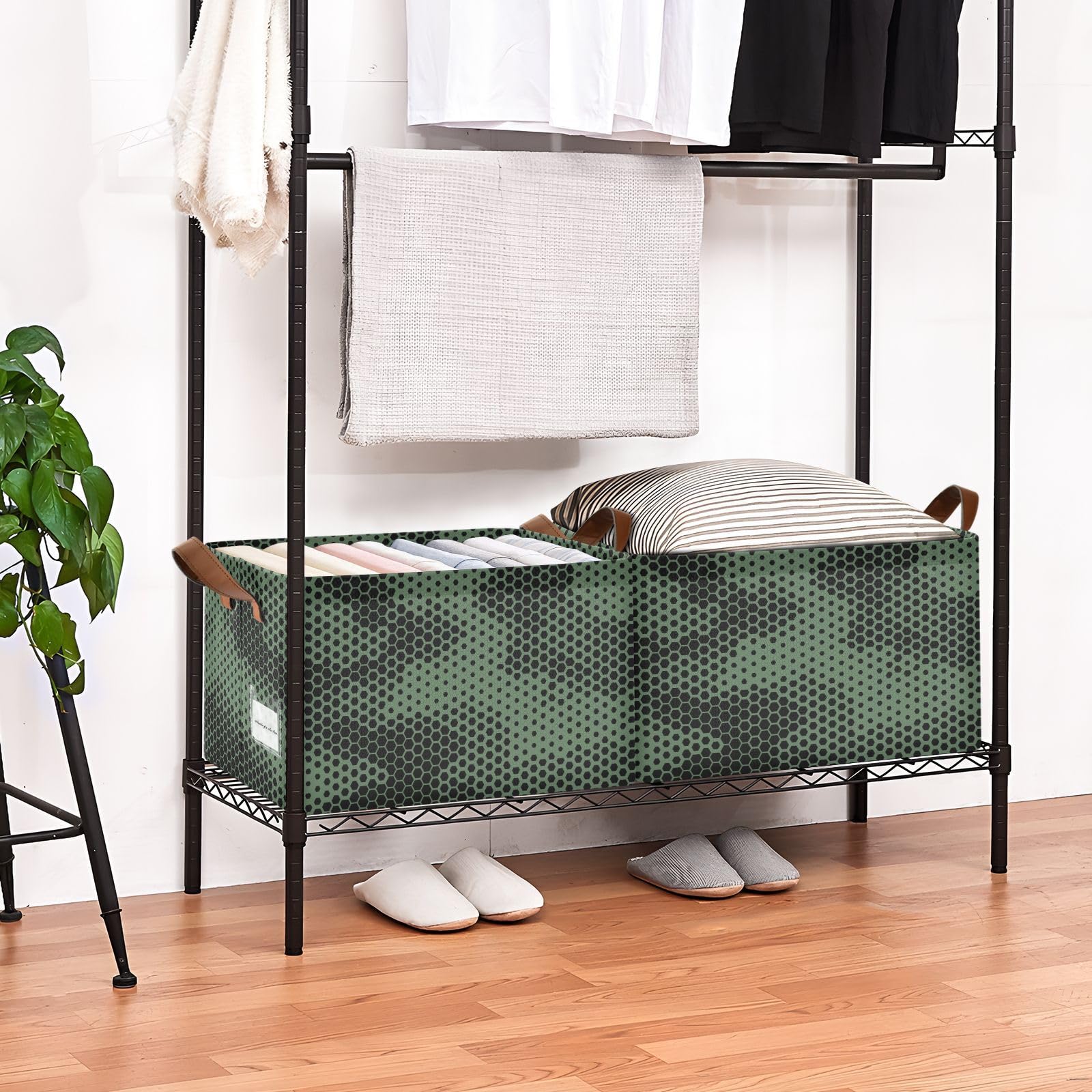 Green Camouflage Black Dots Foldable Storage Baskets with Handles - 2 Pack Collapsible Fabric Storage Cubes Organizer for Makeup, Books, Shelves - Perfect for Living Room, Bedroom & Closet Organization