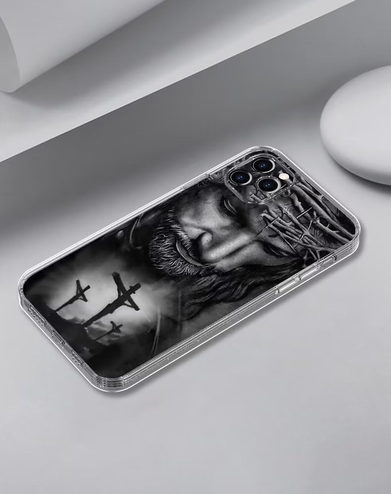 Christian iPhone 15 Plus Phone Case with Cross & Jesus Design - Shockproof Soft TPU Cover with 3 Side Stripes | Perfect for Church, Bible Study & Faith-Based Gifts