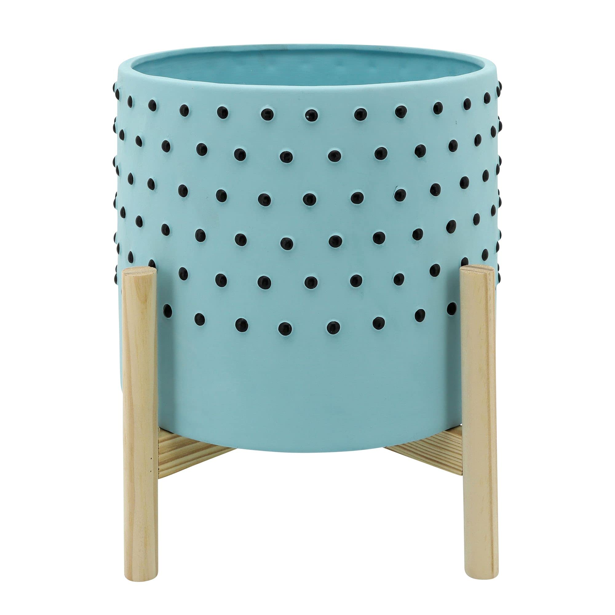 Kingston Living 10 Inch Blue Ceramic Polka Dot Planter with Stand - Modern Flower Pot for Indoor Plants, Home Decor, Office Desk, and Patio Gardening