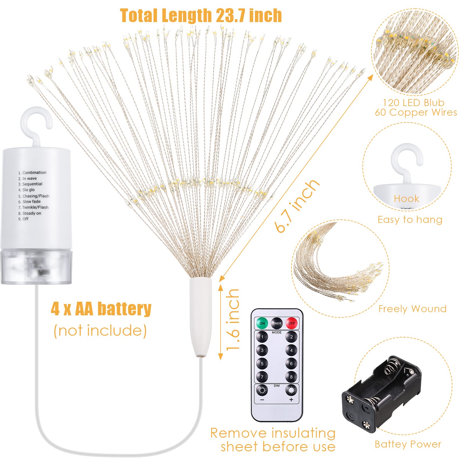 Tuanse 8 Pack Starburst LED Fairy Lights - 120 LED Firework Lights with Remote Control & 8 Modes | Battery Operated Outdoor String Lights for Garden, Christmas, Party, Wedding, Patio & Backyard Decor