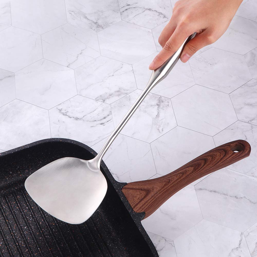 PLESIU 3-Piece Stainless Steel Kitchen Utensil Set - Soup Ladle, Wok Spatula & Slotted Spatula with Vacuum Ergonomic Handle - Perfect for Cooking, Serving & Stirring Soups, Noodles & Stir-Fry Dishes