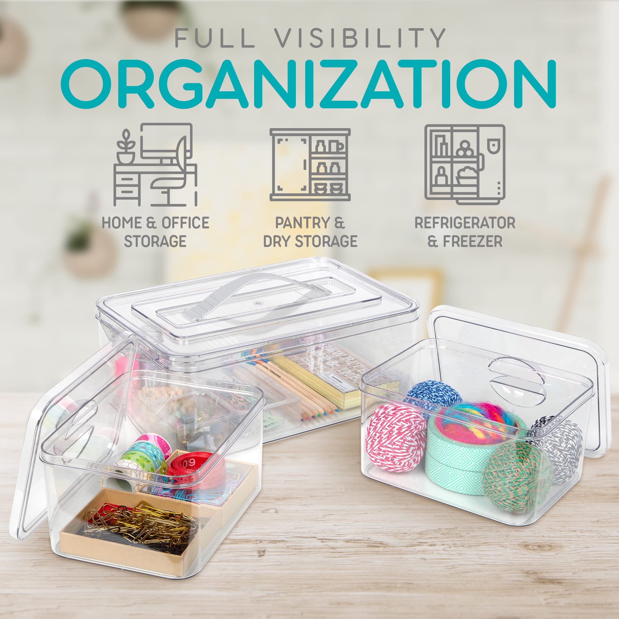 Clear Plastic Storage Bins with Lids - Set of 1 Large & 2 Medium Organizing Containers for Closet, Fridge, Pantry | Durable Stackable Home Organization Solutions by Richards Homewares | Perfect for Kitchen, Bathroom & Garage Storage