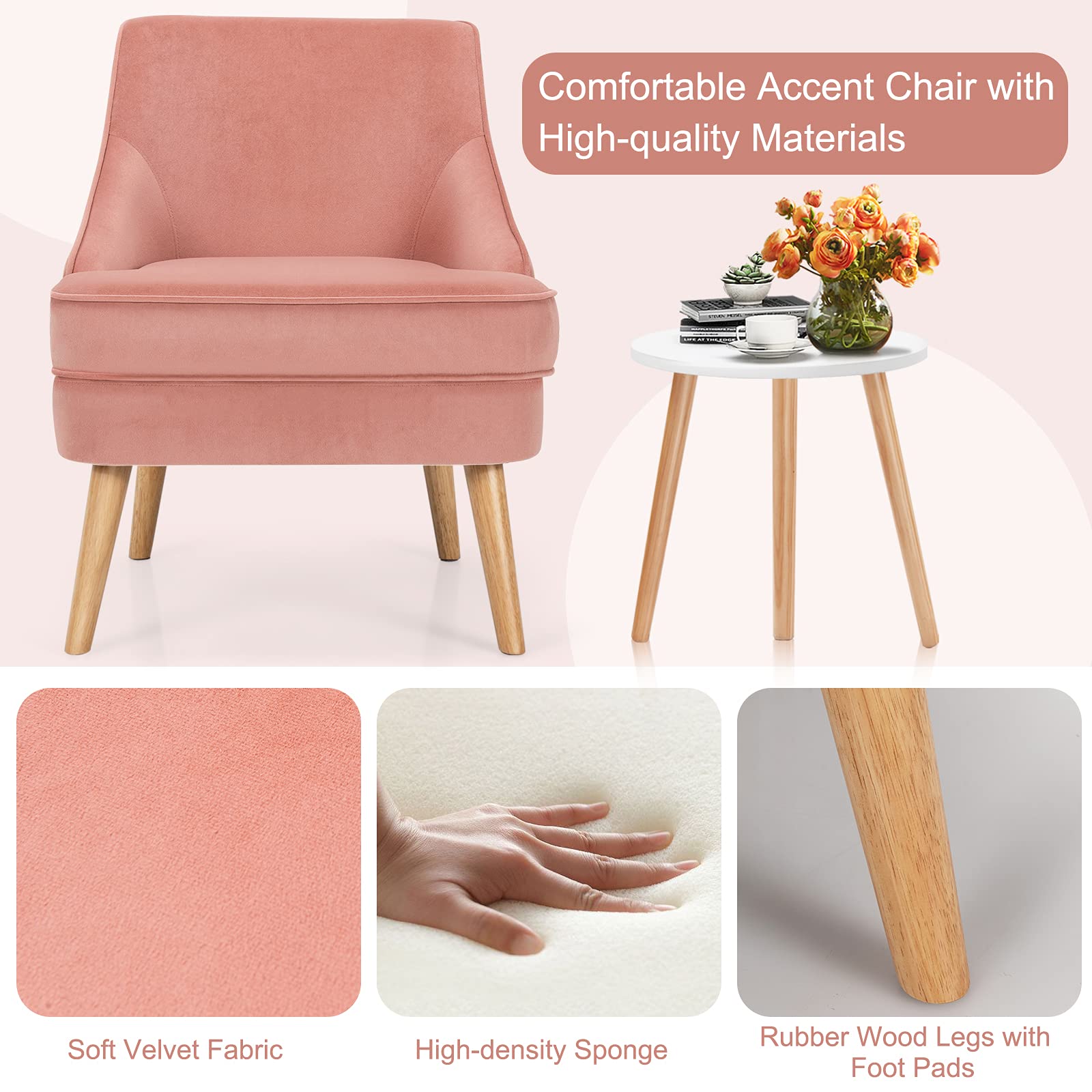 Giantex Set of 2 Velvet Accent Chairs - Mid Century Modern Armless Slipper Chair with Rubber Wood Legs, Upholstered Lounge Chair for Living Room, Bedroom, Office - Soft Pink Velvet Furniture for Home Decor & Relaxation