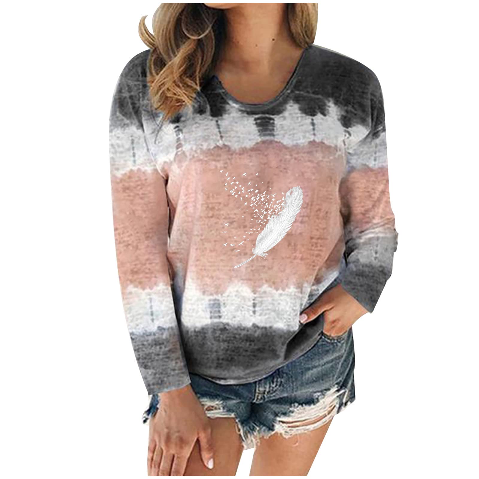 Women's Long Sleeve Color Patchwork Tops - Casual Loose Crewneck Tee Shirts with Floral Graphic Print | Perfect for Everyday Wear, Outfits with Jeans, and Layering in Fall/Winter