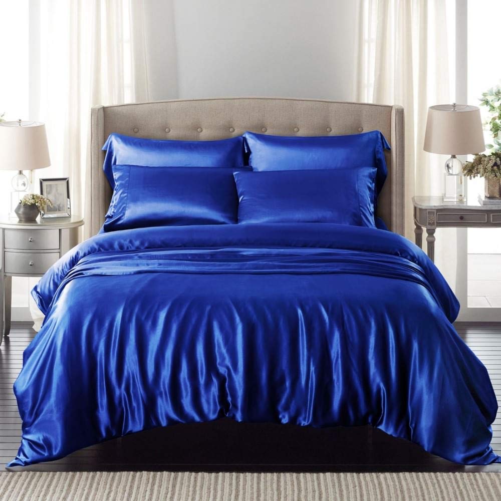 Royal Blue Satin Twin Comforter Set - 7 Piece (Comforter, Flat Sheet, Fitted Sheet & 4 Pillowcases) 600 GSM Luxury Bedding for Teens & Guest Rooms - Soft Duvet Insert & Complete Sheet Set for Cozy Sleep