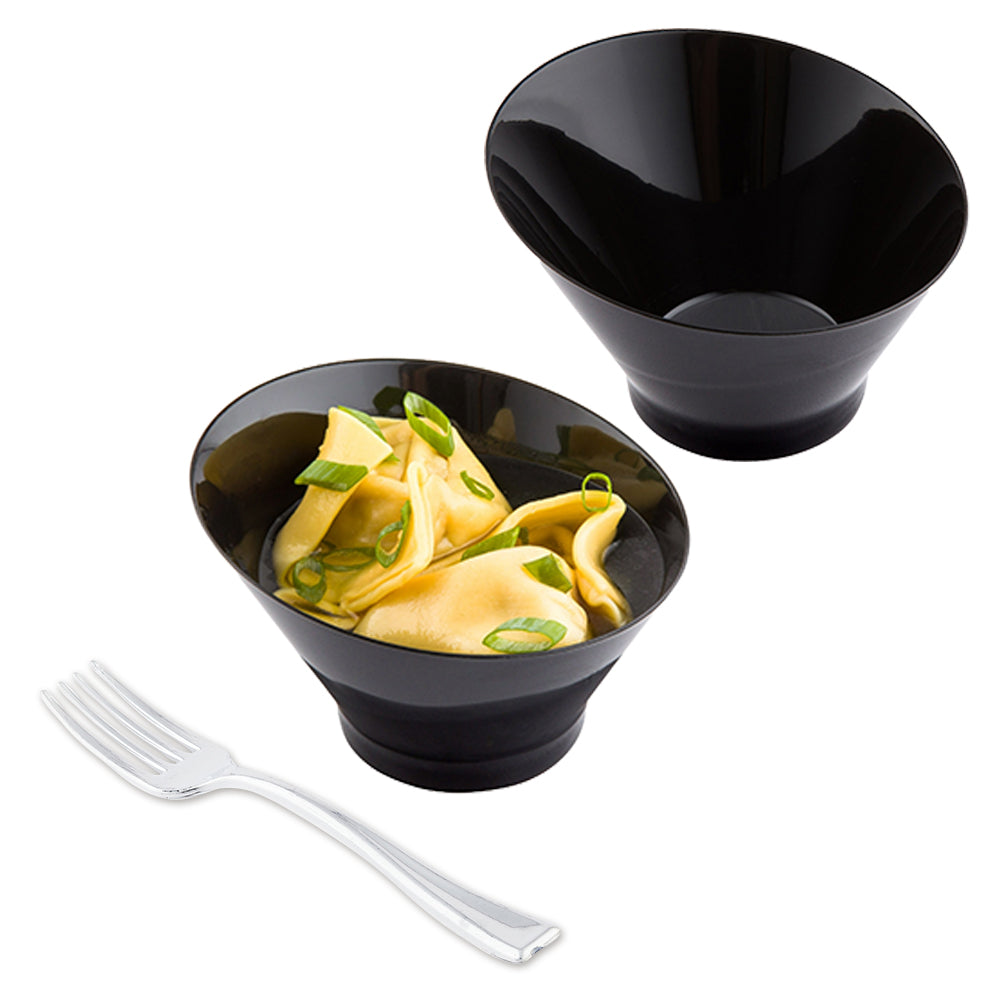 100-Pack 7 oz Round Black Plastic Incline Bowls with 100 Silver Plastic Mini Forks - Perfect for Party Serving, Catering, and Outdoor Events