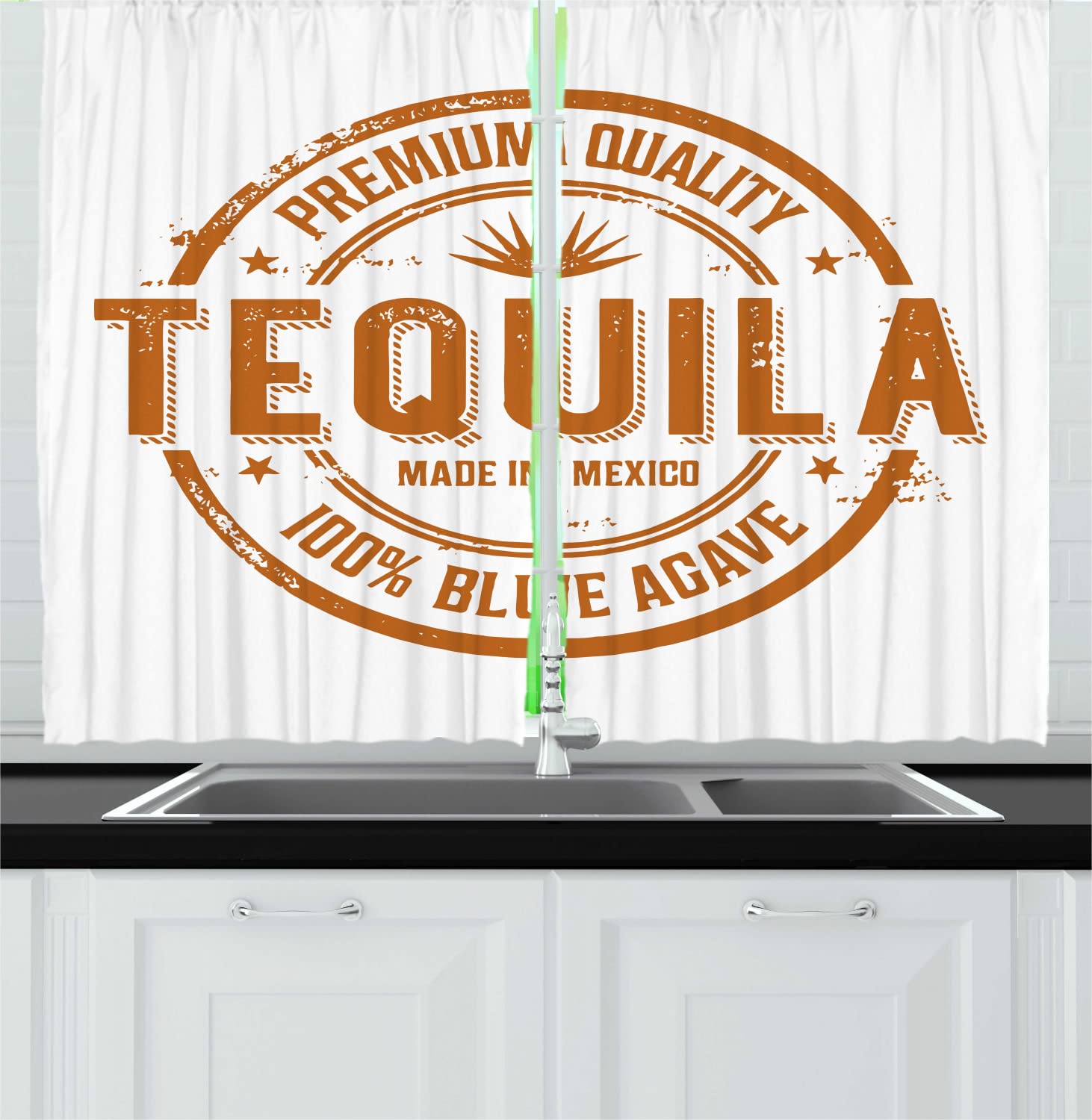 Ambesonne Tequila Long Kitchen Curtains - Retro Grunge Rubber Stamp Monochromatic Design, Mexican Traditional Drink Theme, 2 Panel Drapes with Rod Pocket, 55