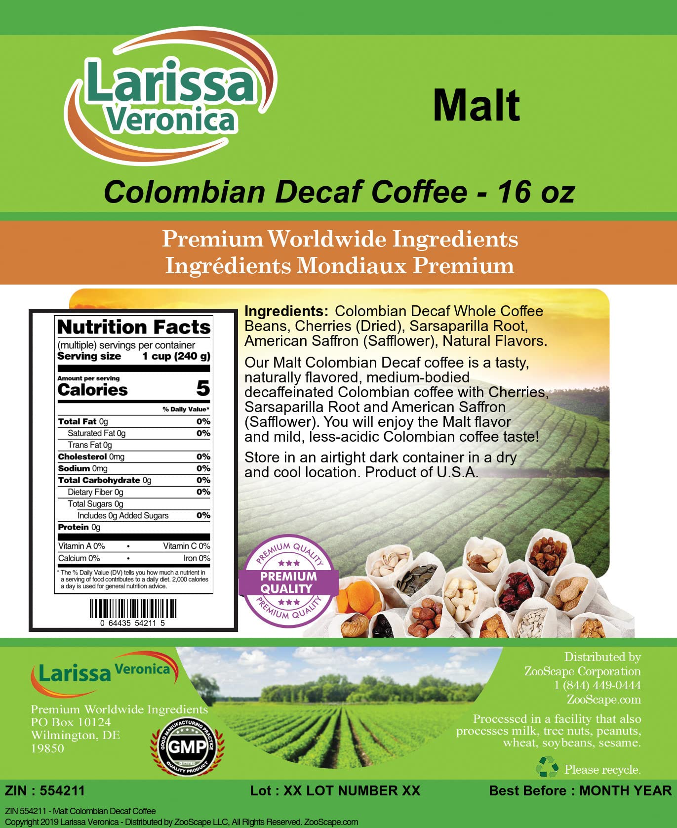 Premium Colombian Decaf Coffee Beans - Gourmet, Naturally Flavored, Whole Bean Coffee (16 oz) for Home Brewing & Office Use | ZIN: 554211