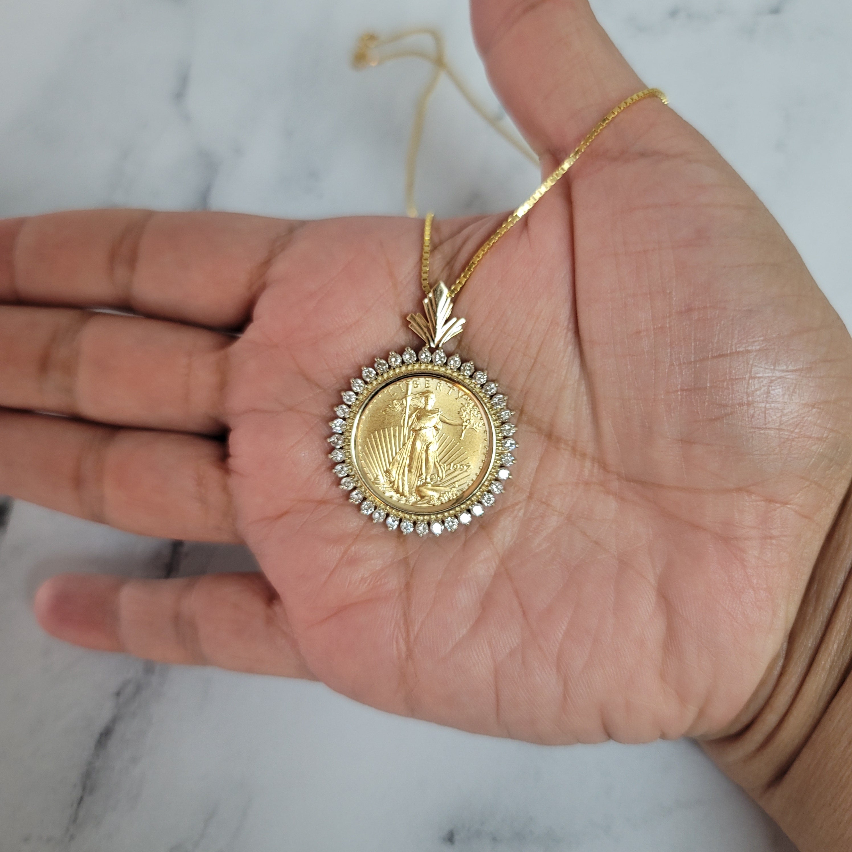 1/4 oz Fine Gold Lady Liberty Medallion with Diamond Halo Necklace - Elegant Jewelry Gift for Women, Perfect for Anniversaries, Birthdays & Special Occasions