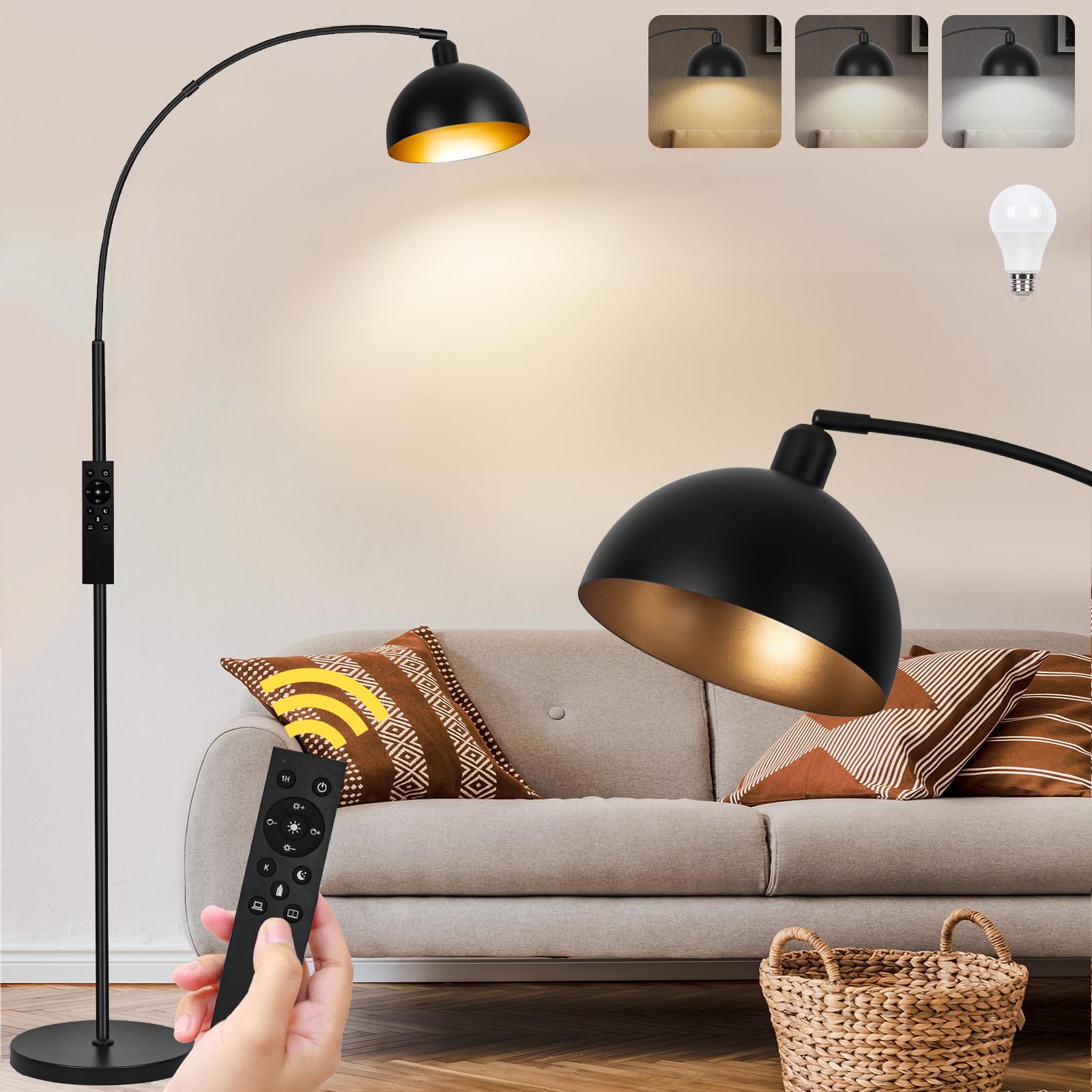 Upgraded Black Arc Floor Lamp with Remote Control - Dimmable Modern Arched Standing Light for Living Room & Bedroom, Includes 2700-6000K 9W LED Bulb - Perfect for Reading, Relaxing & Home Office Lighting