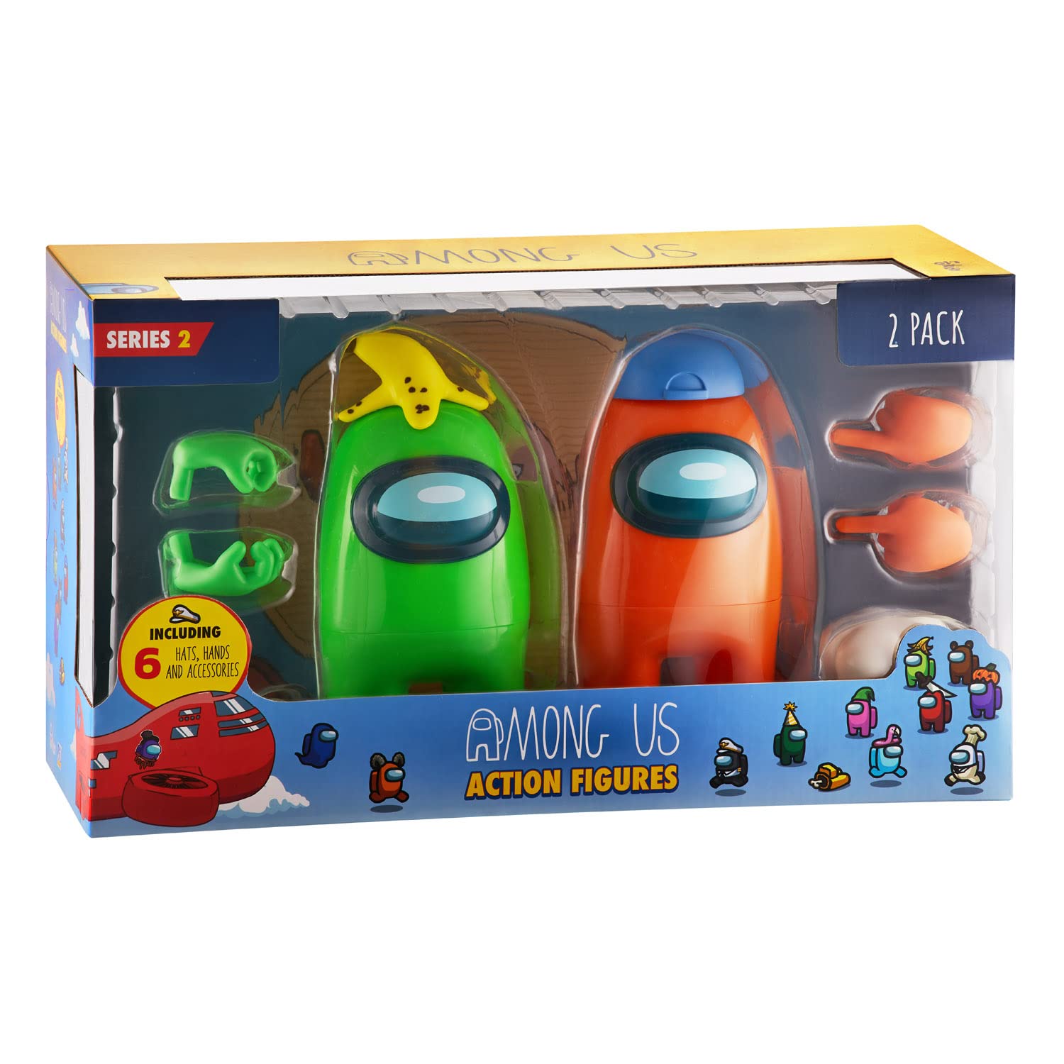 P.M.I. Among Us Action Figures - Set of 2 (Green & Orange) 7-Inch Collectible Crewmates with 6 Accessories (Hats & Hands) | Playable Mini Toys for Kids | Perfect for Birthday Gifts, Game Nights & Among Us Fans Collection
