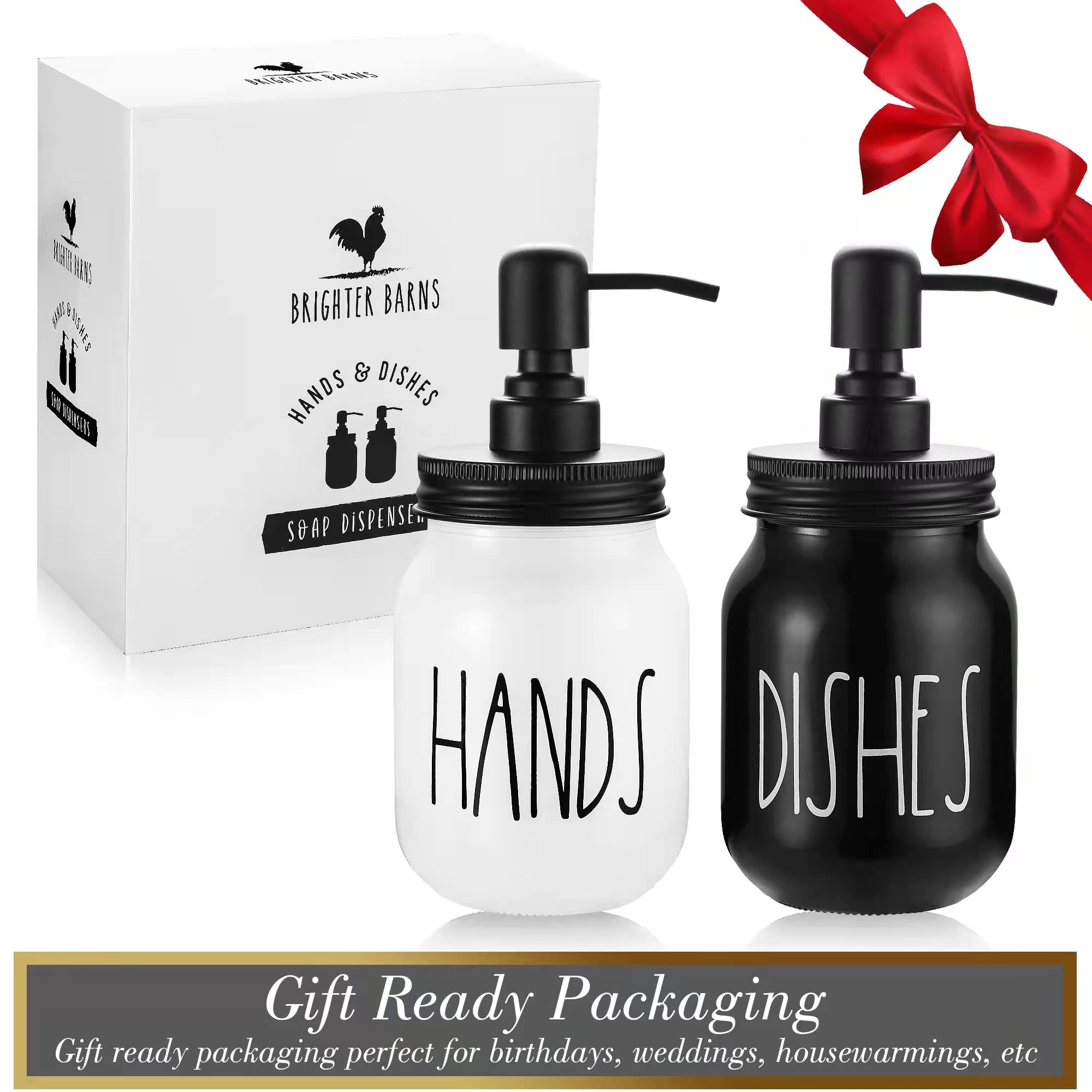 Brighter Barns Mason Jar Soap Dispenser Set - Farmhouse Kitchen Decor in Black/White - Glass Hand & Dish Soap Dispenser for Kitchen Sink - Perfect for Rustic and Modern Home Kitchens