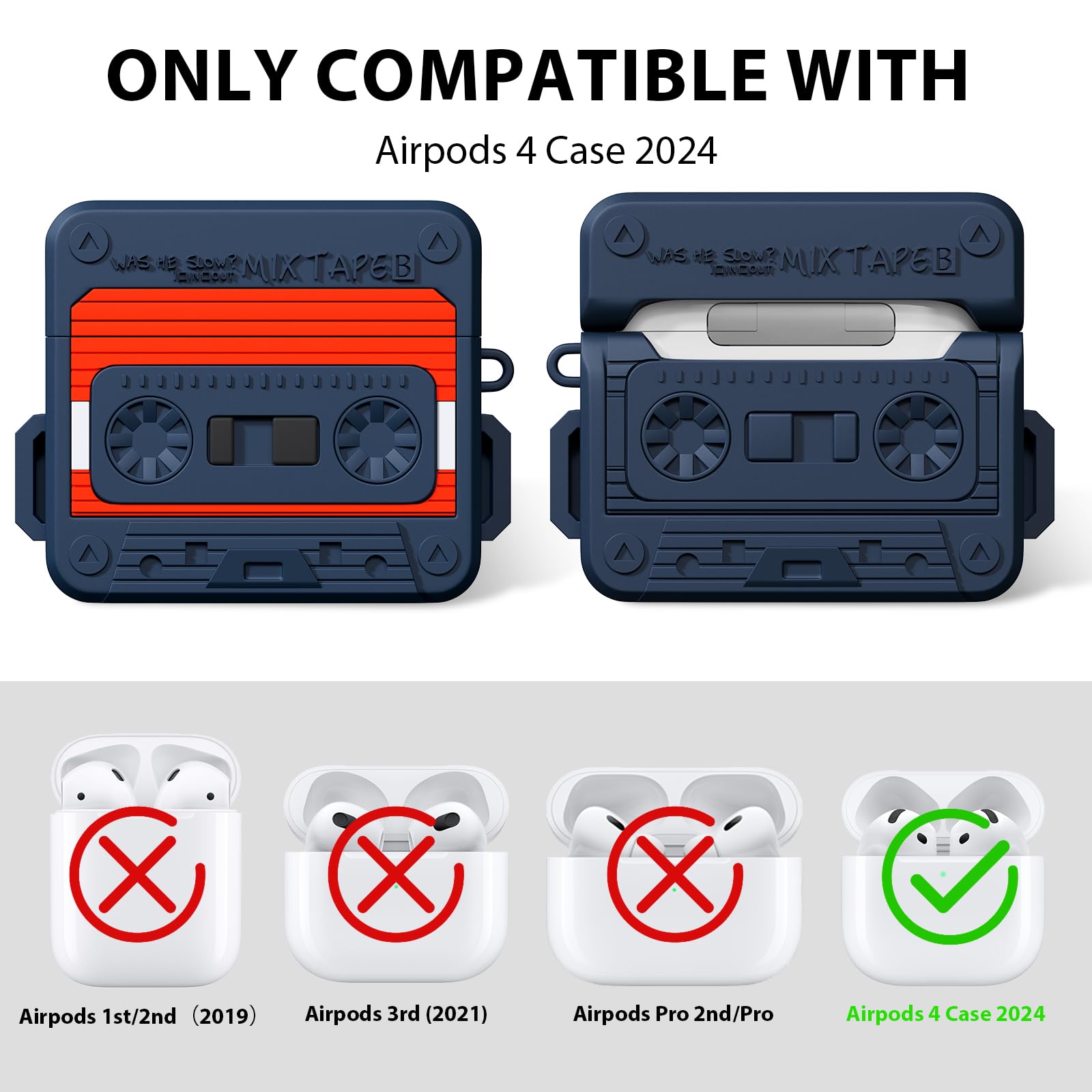 MOFREE AirPods 4 Case 2024 with Cleaning Kit & Keychain - Retro Cassette Tape Design Shockproof Silicone Protective Cover for AirPods 4th Generation (Blue/Red) - Perfect for Travel, Gym & Daily Protection