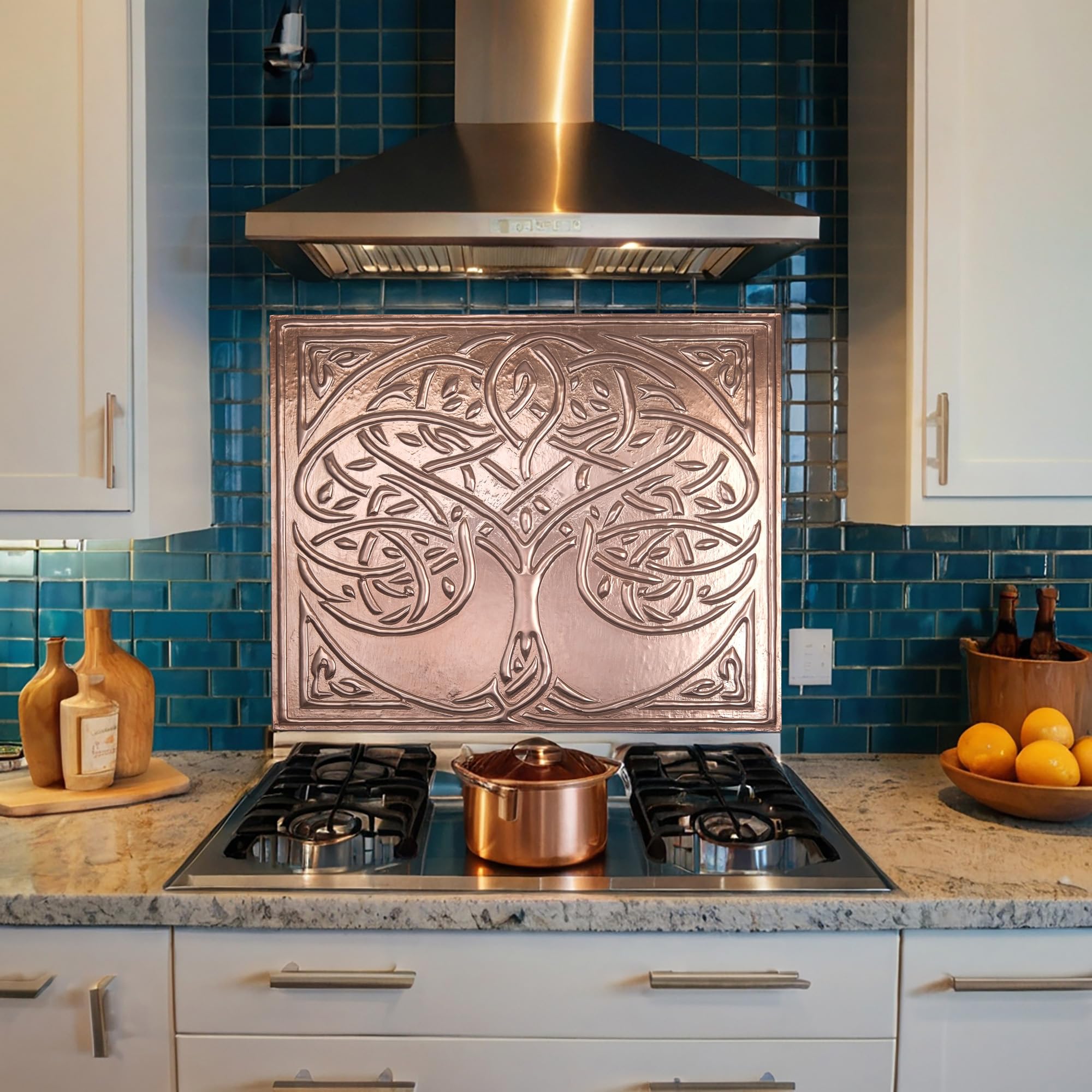 Handmade Copper Kitchen Backsplash - Celtic Tree of Life Design, Rustic Wall Decor Tile Art for Farmhouse & Modern Kitchens | Waterproof & Easy to Clean Backsplash Panel for Stove, Sink & Countertop Protection