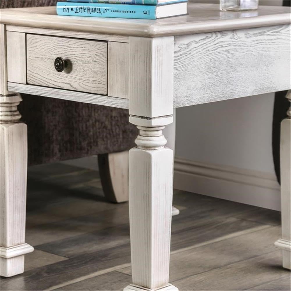 BOWERY HILL Farmhouse Wood 1-Drawer End Table in Antique White - Rustic Nightstand for Bedroom, Living Room & Office - Side Table with Storage for Home Decor