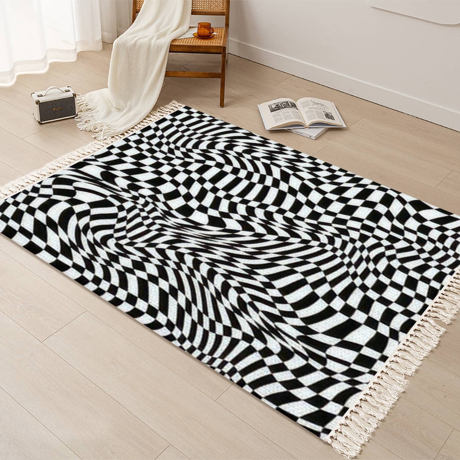 Optical Illusion Checkered Area Rug - Black & White Distorted Print Cotton Linen Throw Rug - Washable Woven Carpet Runner for Bathroom, Laundry, Bedroom & Kitchen Decor | Perfect for Modern Home, Dorm & Office Spaces