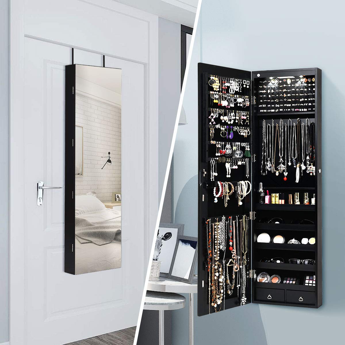 Jewelry Armoire Cabinet with Full-Length Mirror - 2 LED Lights, Lockable with 2 Keys, Makeup Pouch & Bracelet Organizer, 2 Drawers, Wall or Door Mount - Elegant Black Jewelry Storage for Bedroom, Closet & Dressing Room