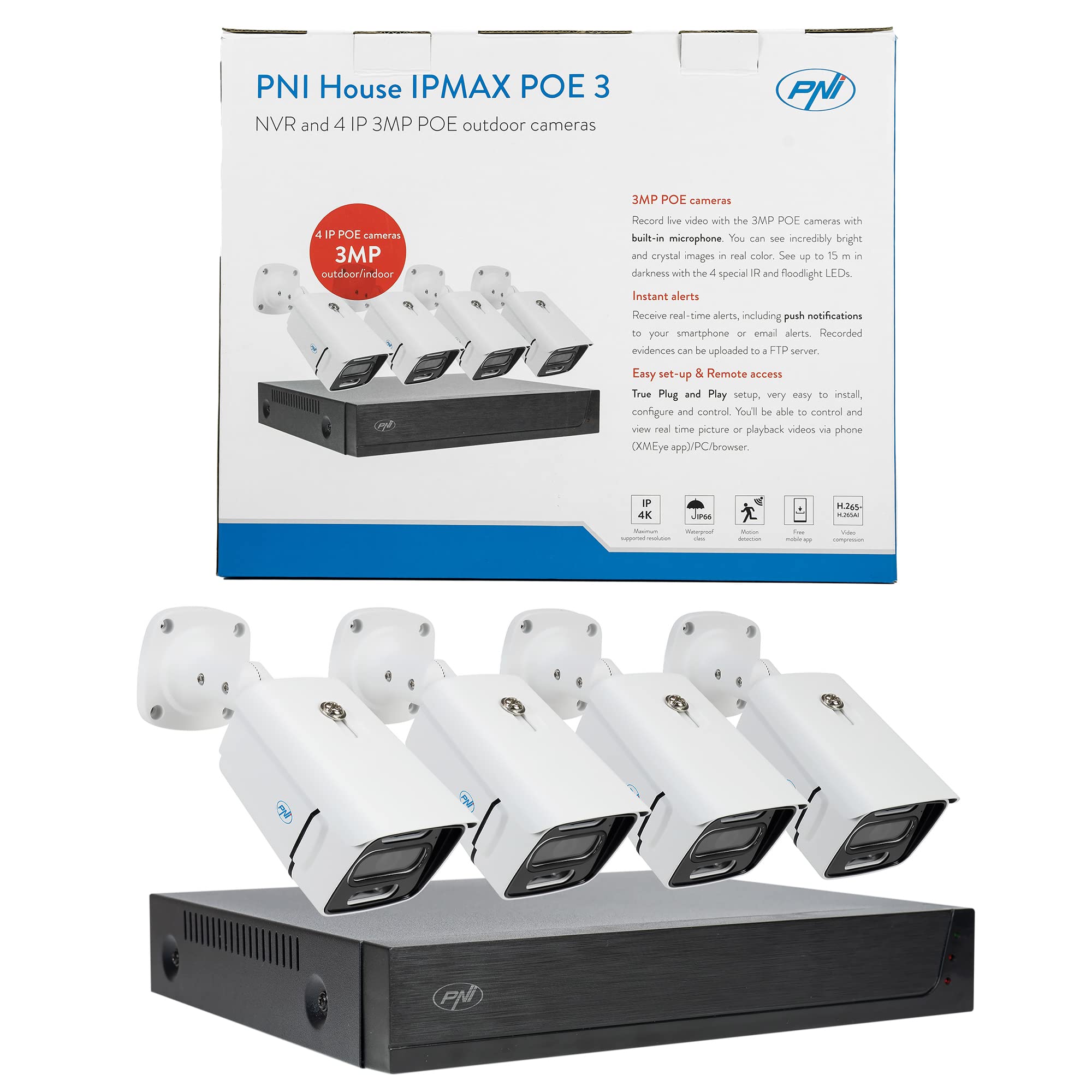 PNI House IPMAX POE 3 Video Surveillance Kit - 4 Channel NVR with 4x 3MP IP Cameras, Outdoor Security System, Power Over Ethernet (PoE) - Ideal for Home & Business Security Monitoring