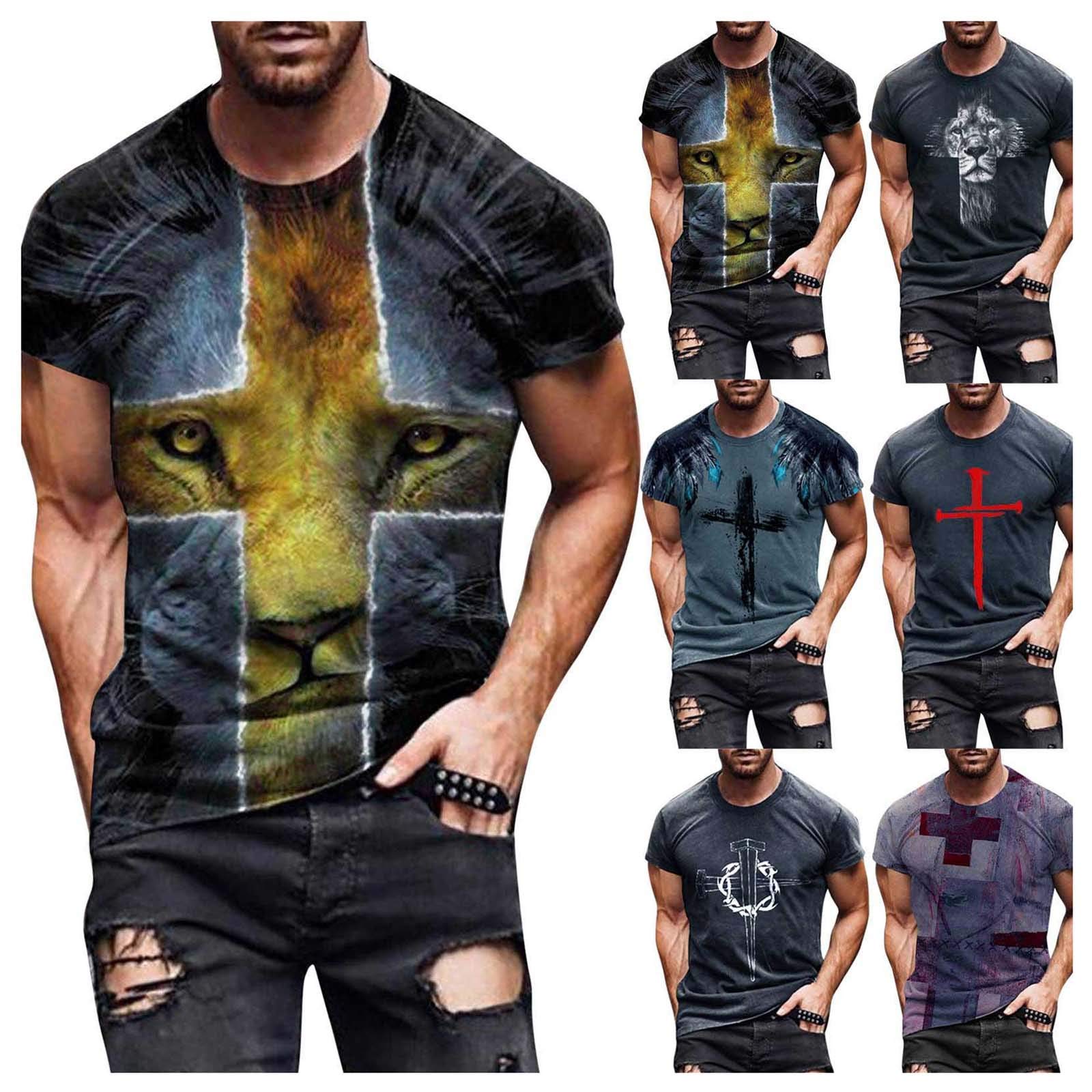 XXBR Men's Soldier Short Sleeve T-Shirt - Faith Jesus Cross Lion Print Athletic Tee for Workout & Streetwear | Casual Wear, Gym Training, Christian Apparel