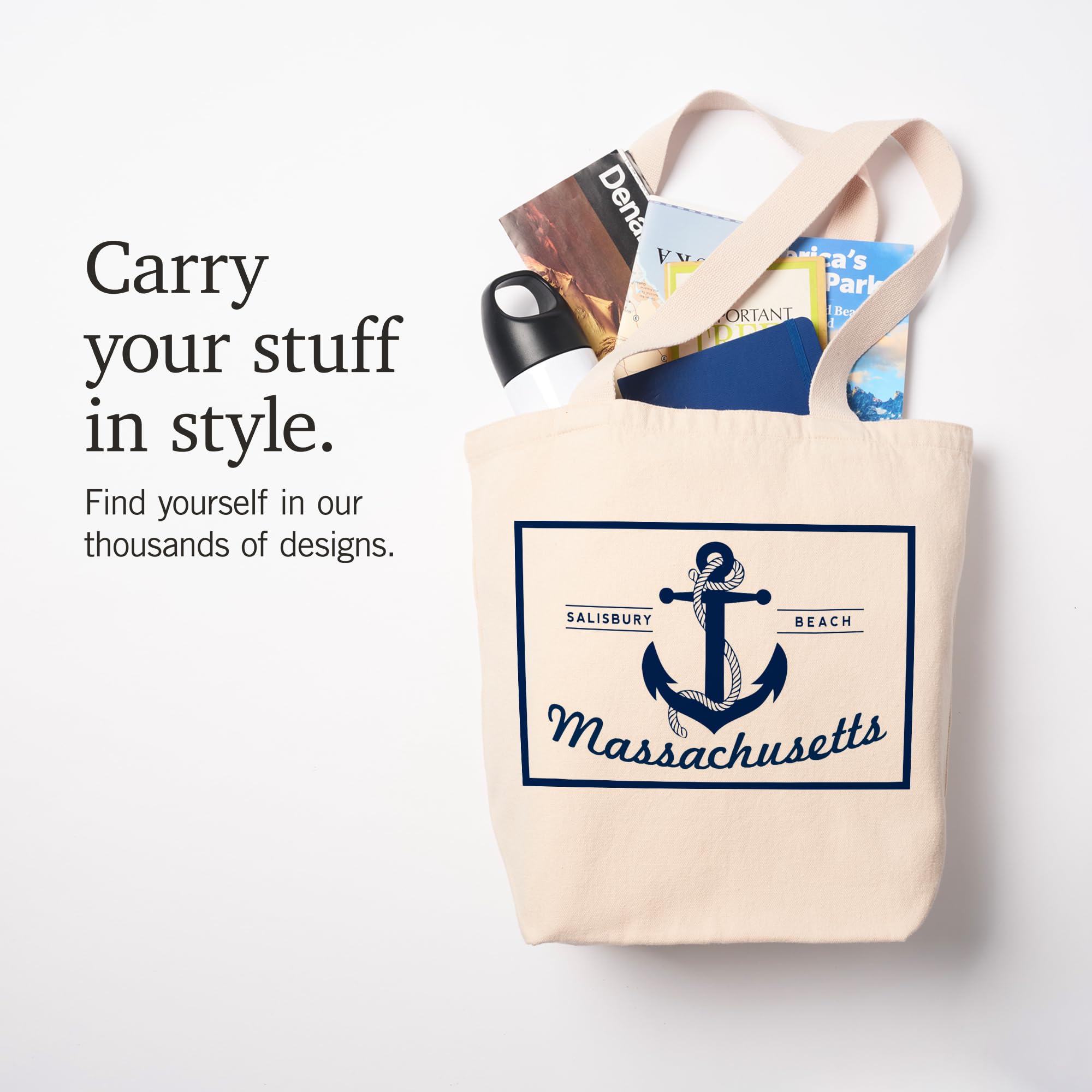 Lantern Press Salisbury Beach Massachusetts Blue and White Anchor Tote Bag - 100% Cotton Canvas Reusable Shopping Bag for Beach, Grocery & Everyday Use