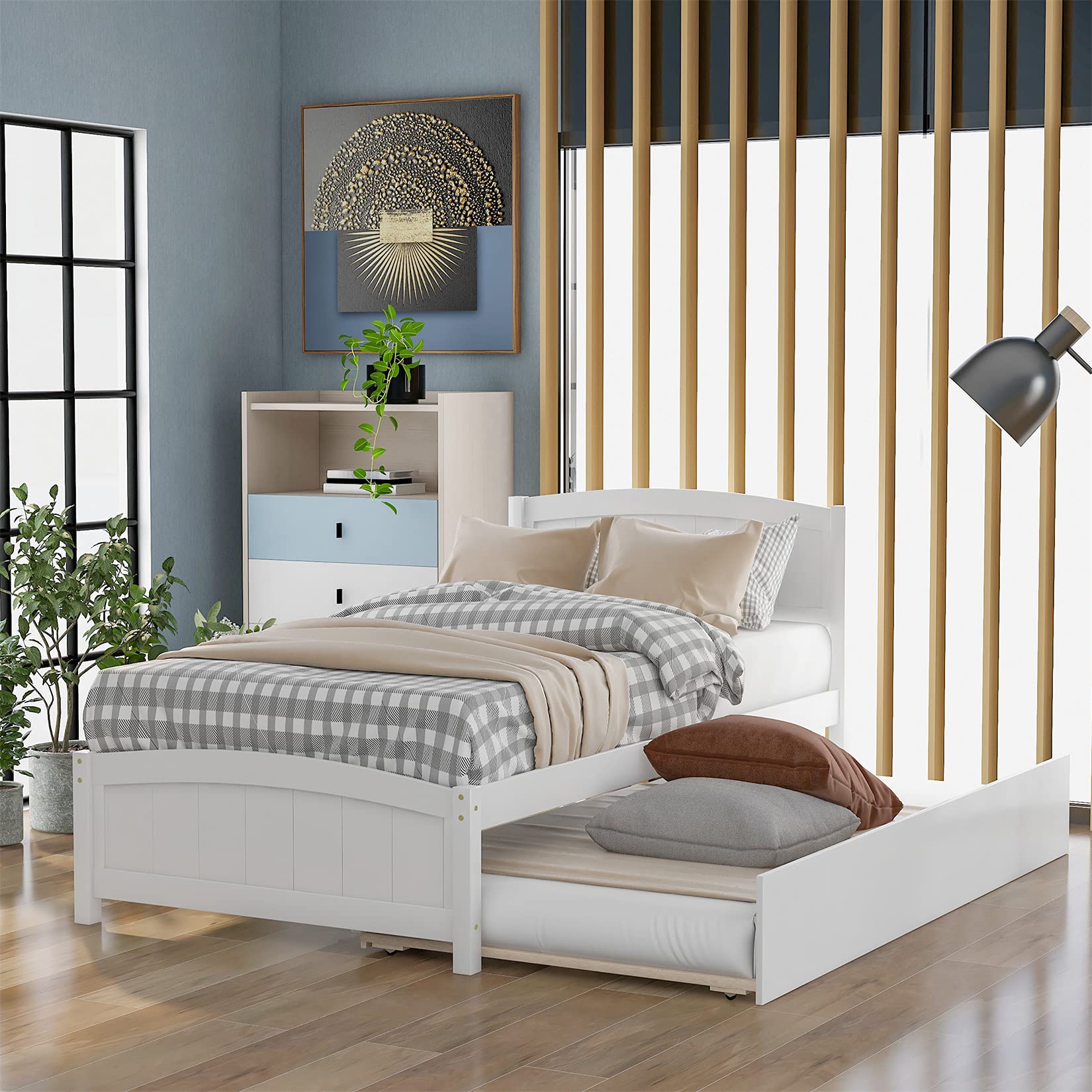 **White Twin Wooden Bed Frame with Trundle - Sturdy Platform Captain Bed with Headboard & Footboard for Kids, Teens & Adults | Perfect for Small Rooms, Guest Beds & Space-Saving Solutions**