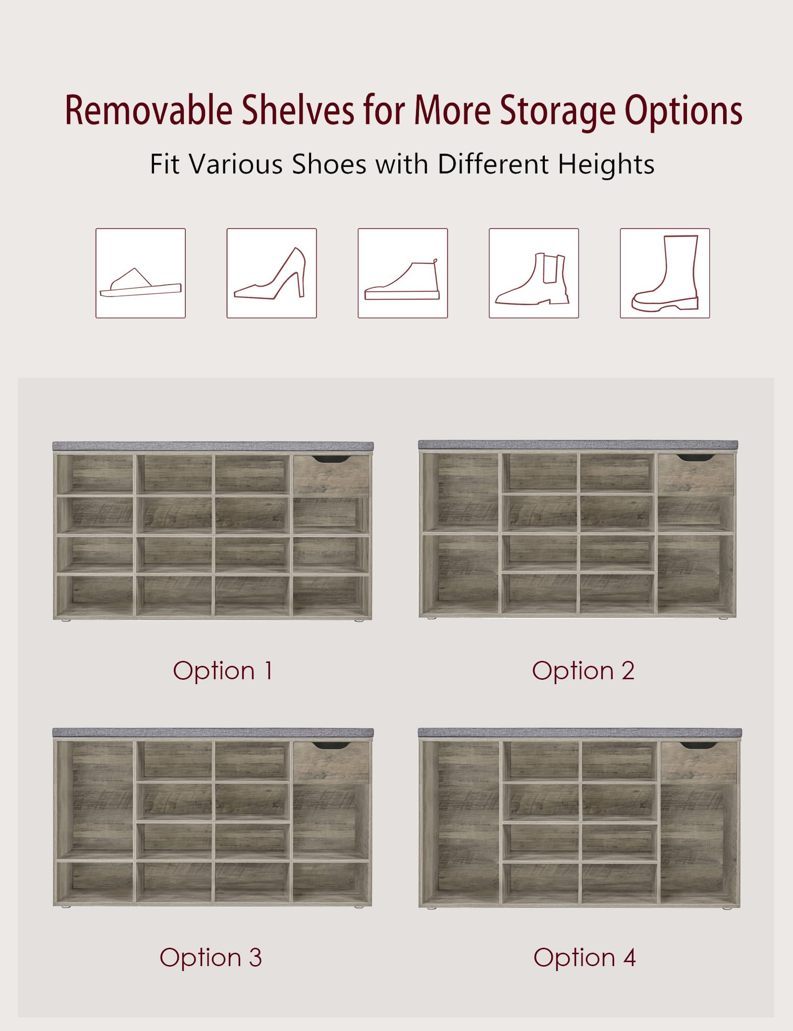 DINZI LVJ Shoe Bench with Drawer & 15 Cubbies - Adjustable Shelves Entryway Storage Organizer for Shoes - Gray Wash Shoe Cabinet for Living Room, Bedroom, Mudroom & Garage | Perfect for Small Space Organization & Entryway Décor
