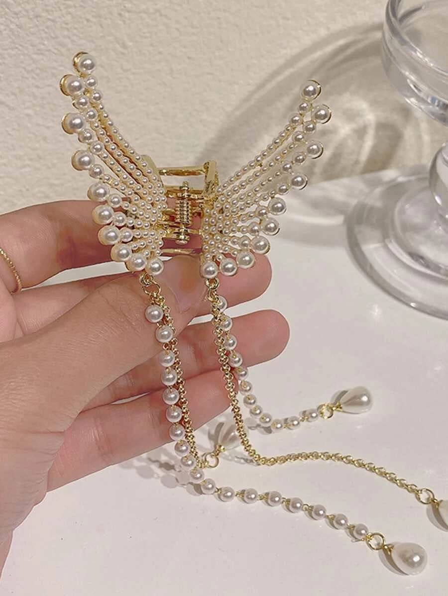 Elegant Pearl Butterfly Hair Clips for Women - Metal Hair Claw with Stone & Pearl Accents - Perfect for Weddings, Parties & Everyday Use (Pack of 1)