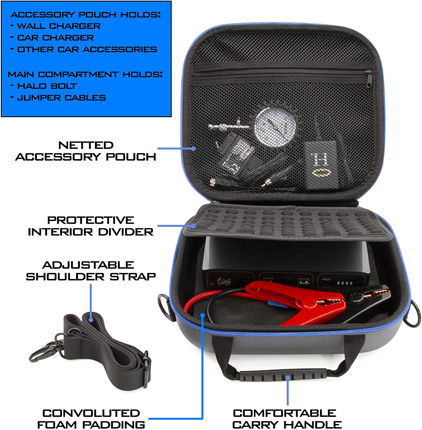 CASEMATIX Travel Case for Halo Bolt 58830 mWh Portable Charger - Protective Storage Organizer for Laptop Charger, Car Charger, AC Wall Plug & Jumper Cables | Perfect for Travel, Camping & Emergency Power Backup