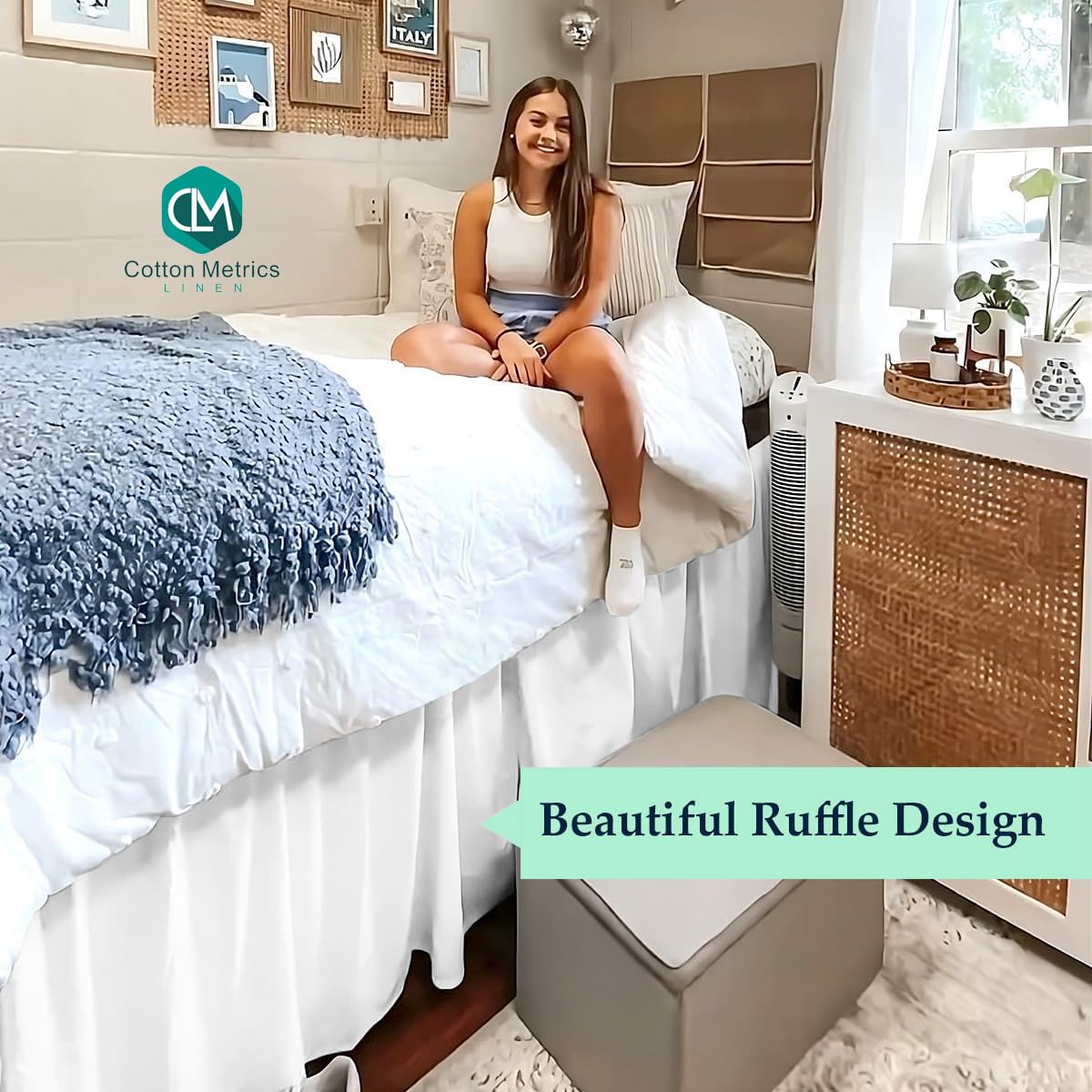 Twin XL Bed Skirt for Dorm Rooms - Ruffled Dorm Size Bed Skirt - 100% Cotton Blend Fabric - White - 46
